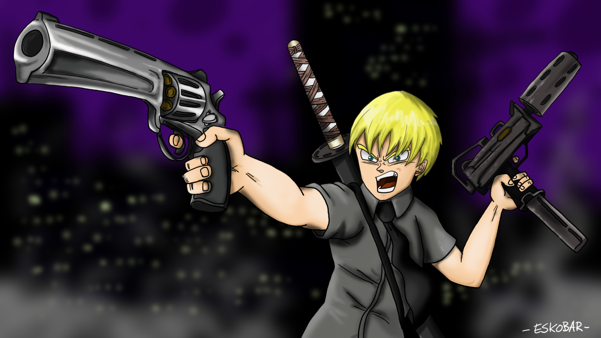 Anime, Pistole, Katana, Notte, 1920x1080, sfondo per PC