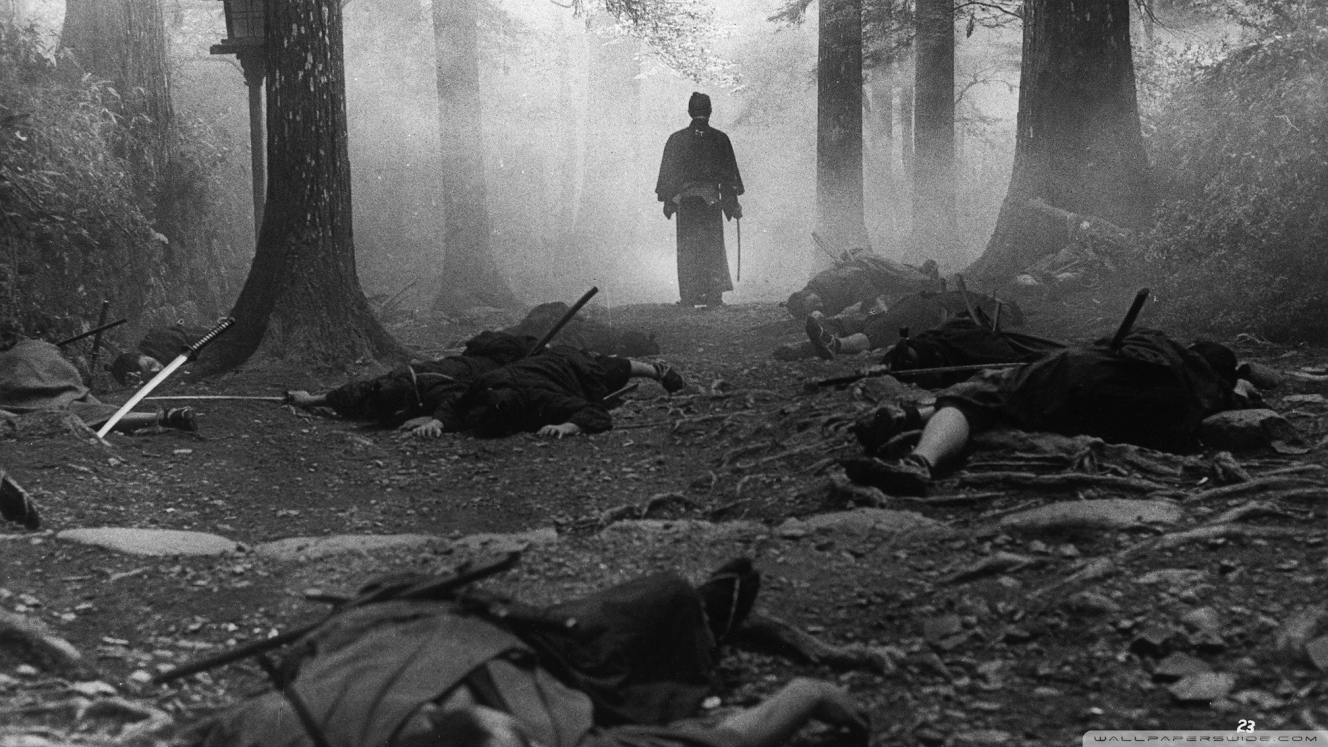 Samurai, Foresta, Caduti, Bianco e nero, Full HD, sfondo per PC e portatile