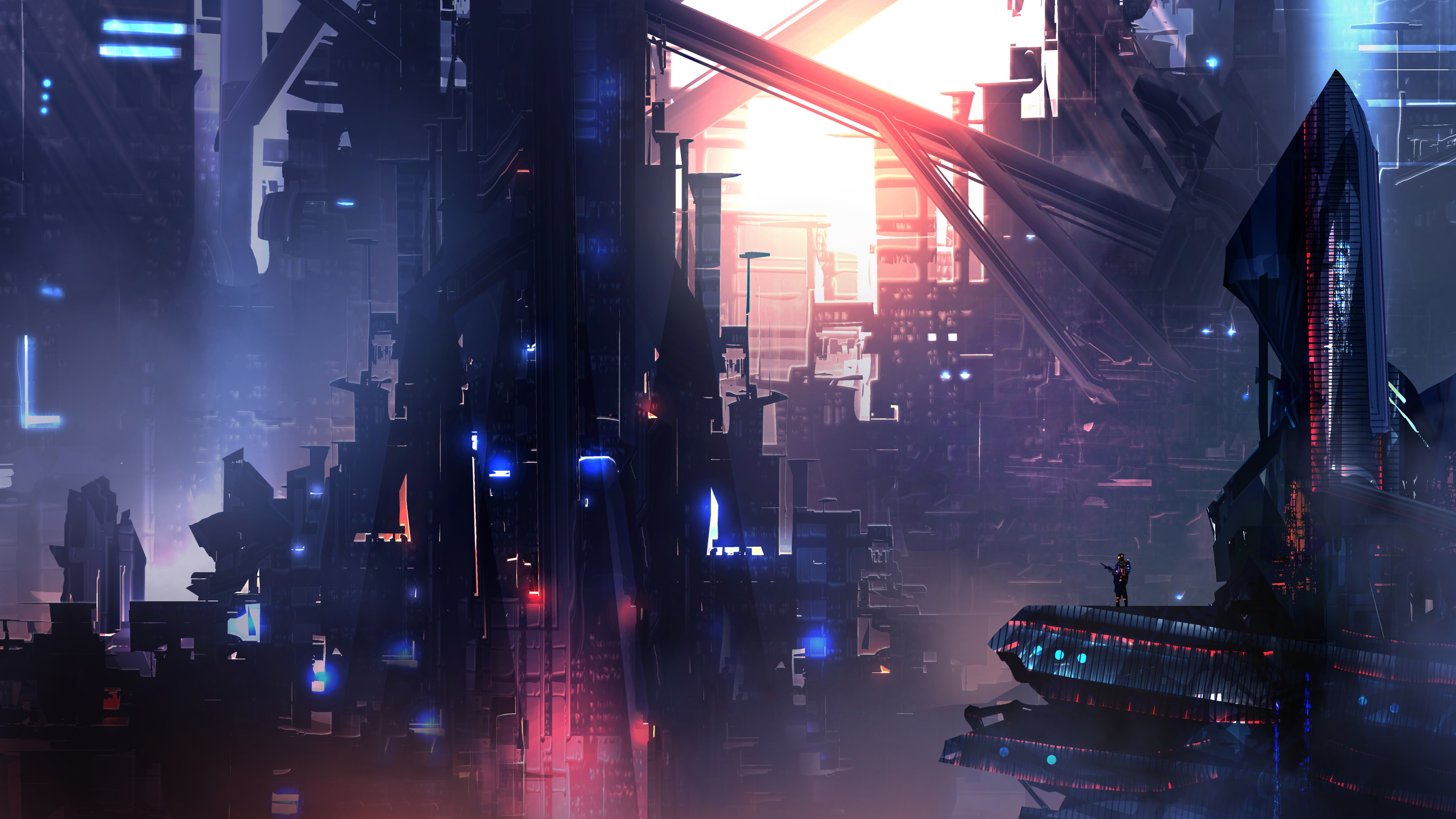Città cyberpunk, Astronave, Neon, Notte, 4K, sfondo desktop