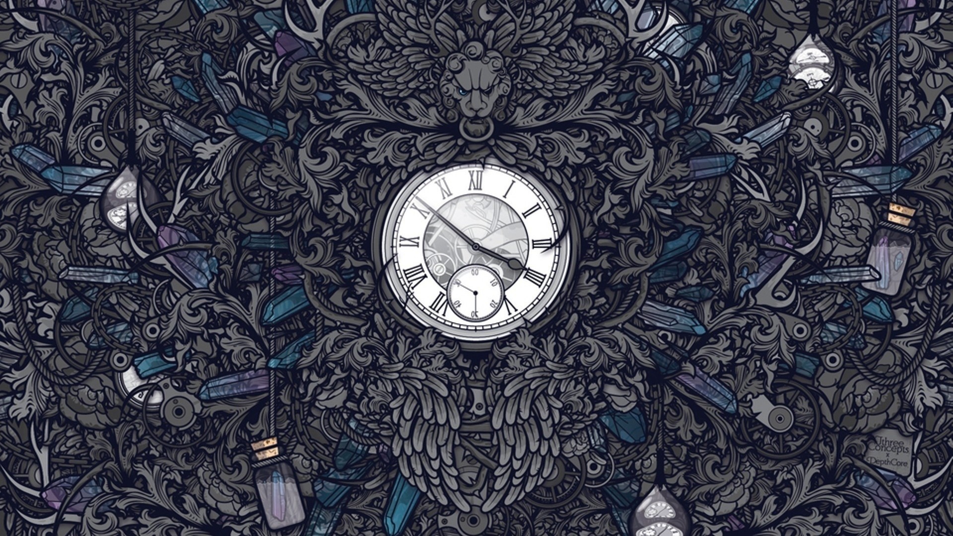 Orologio da tasca, Motivi ornamentali, Illustrazione, Toni scuri, sfondo 16:9 Full HD