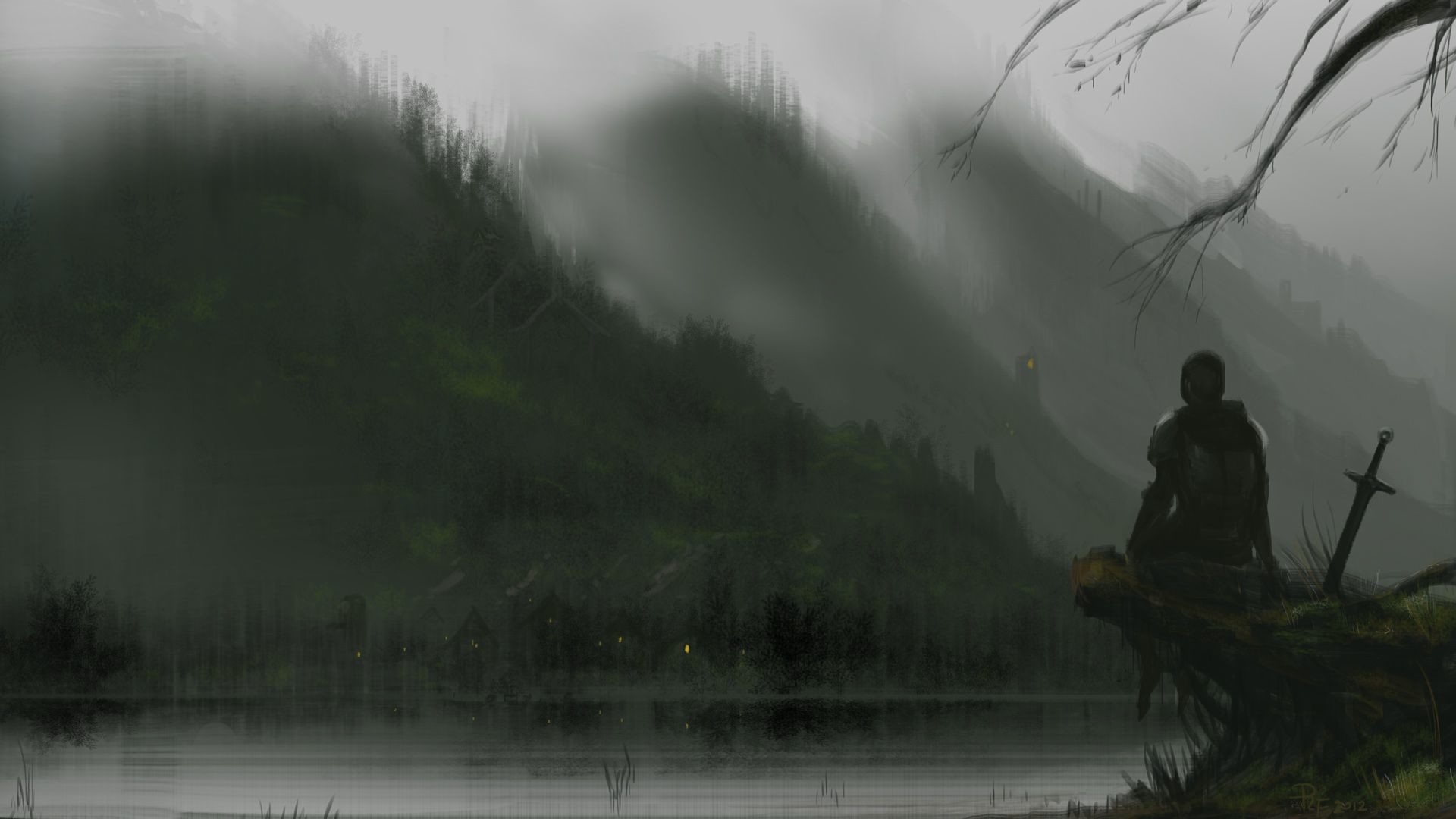 Cavaliere, Lago, Nebbia, Montagne, Spada, 16:9 Full HD, sfondo widescreen