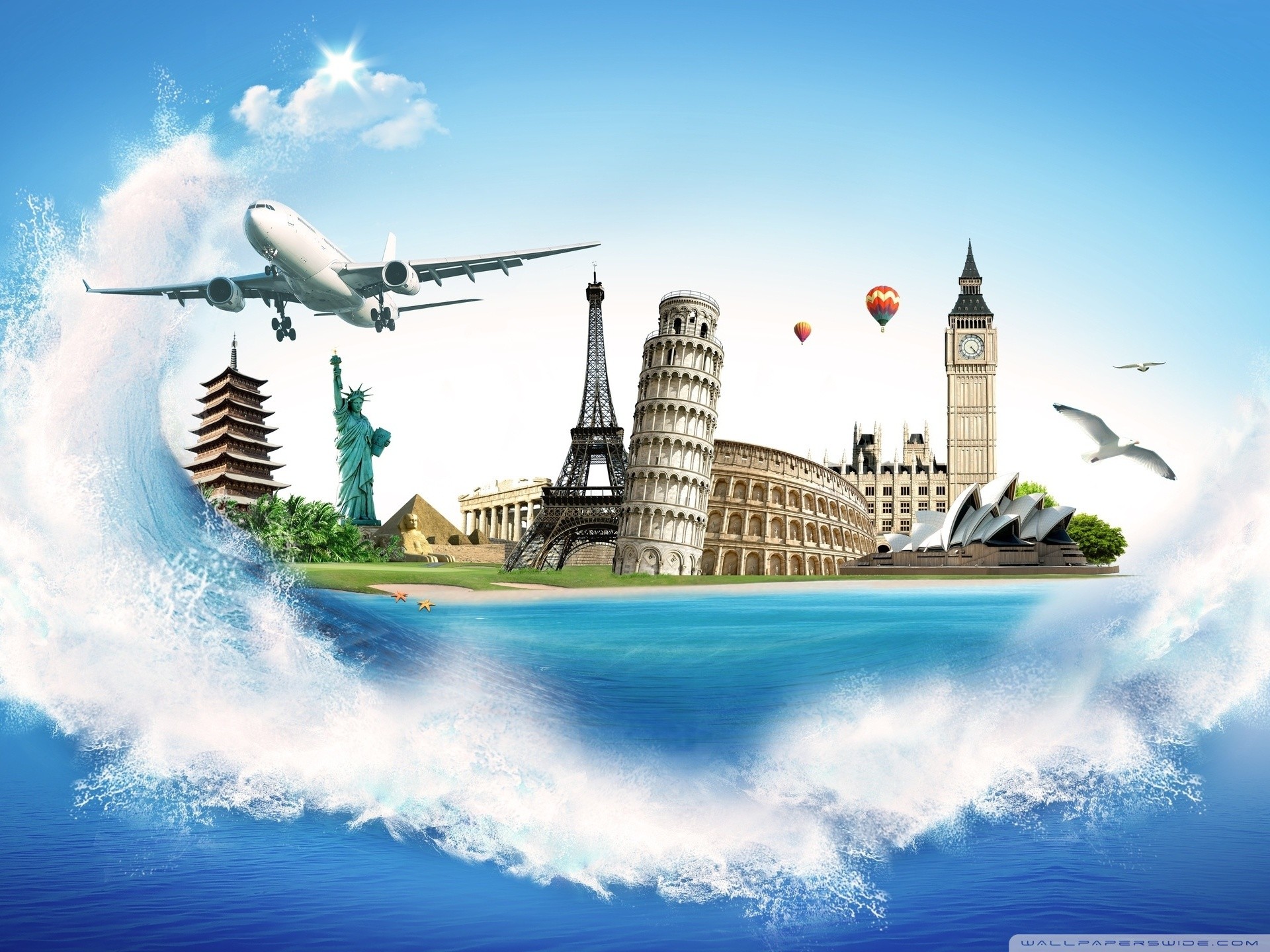 Torre Eiffel, Statua della Libertà, Torre di Pisa, Big Ben, Aereo, Onda, sfondo Full HD per tablet