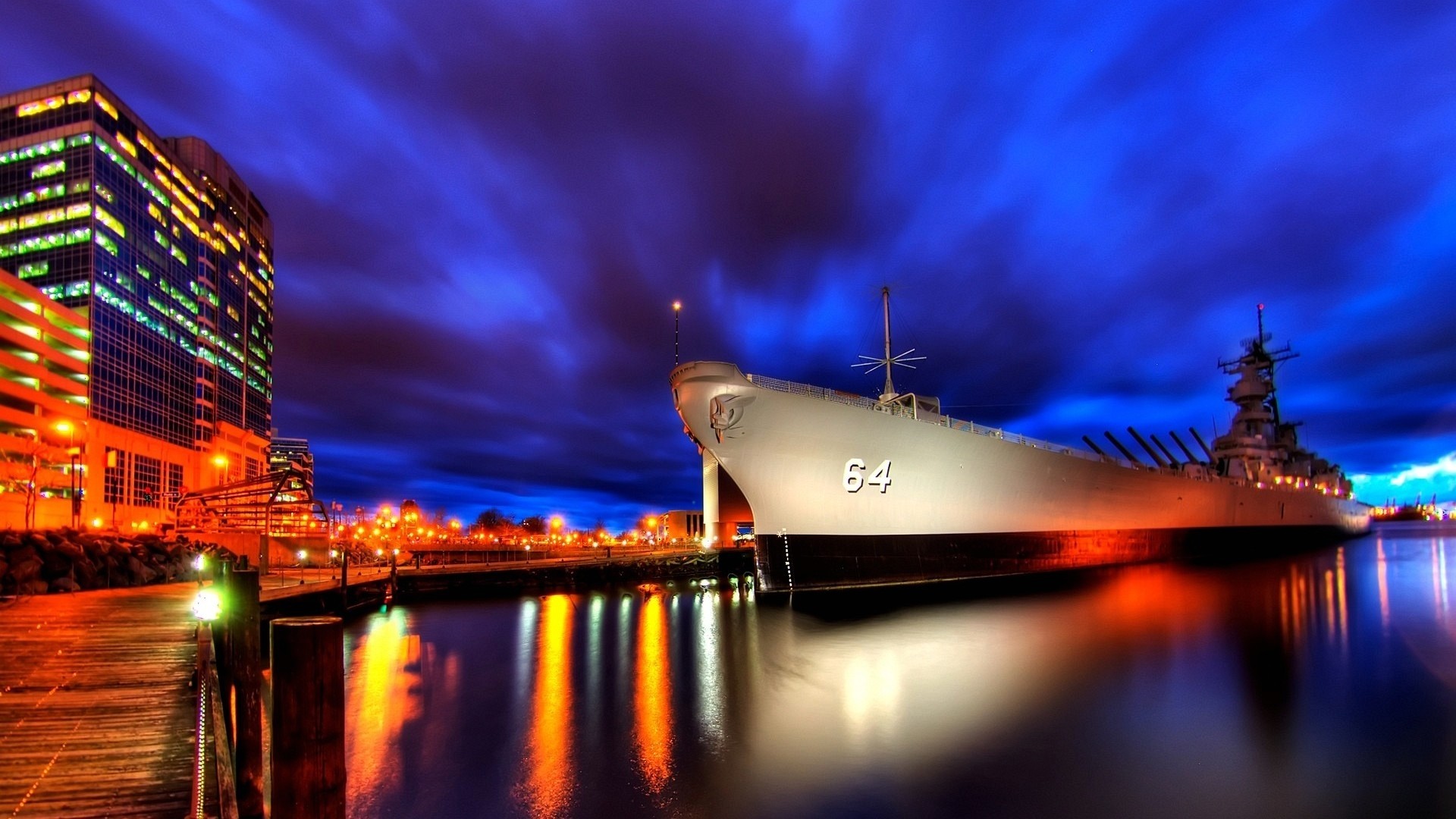 USS Wisconsin (BB-64), Corazzata, Norfolk, Porto, Notte, Full HD, wallpaper per computer