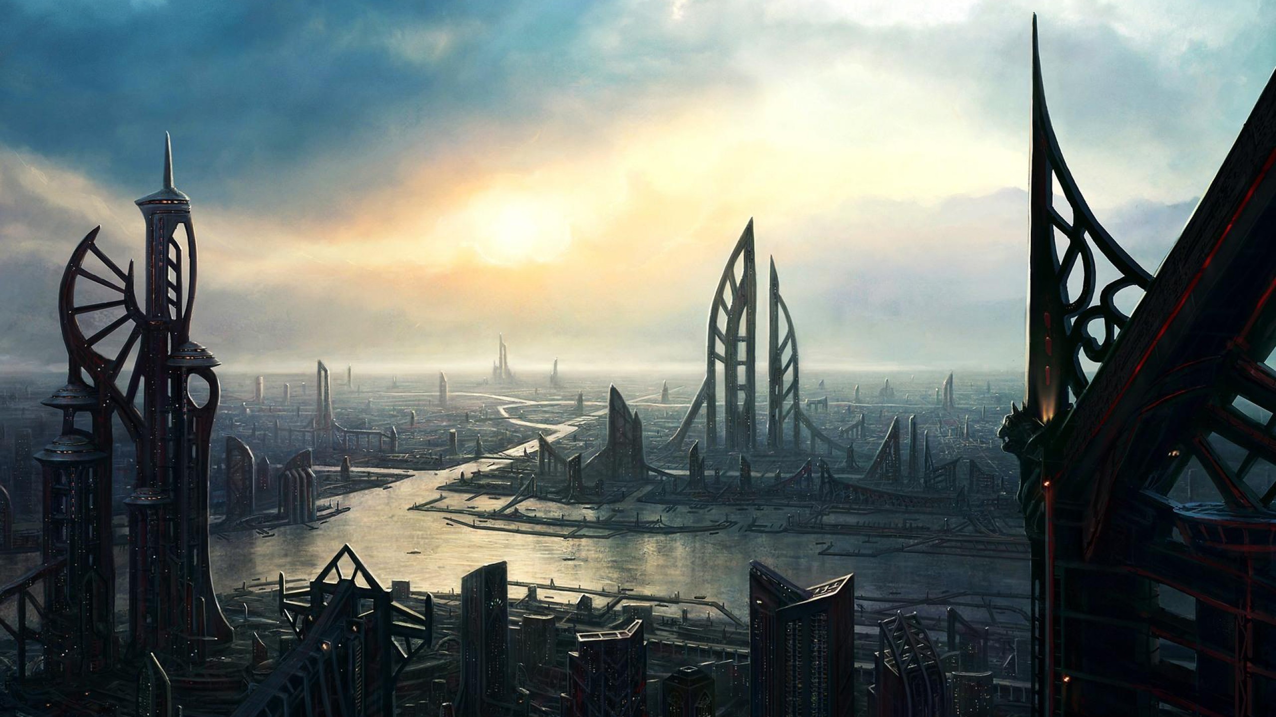 Città futuristica, Fiume, Grattacieli, 2560x1440, immagine di sfondo