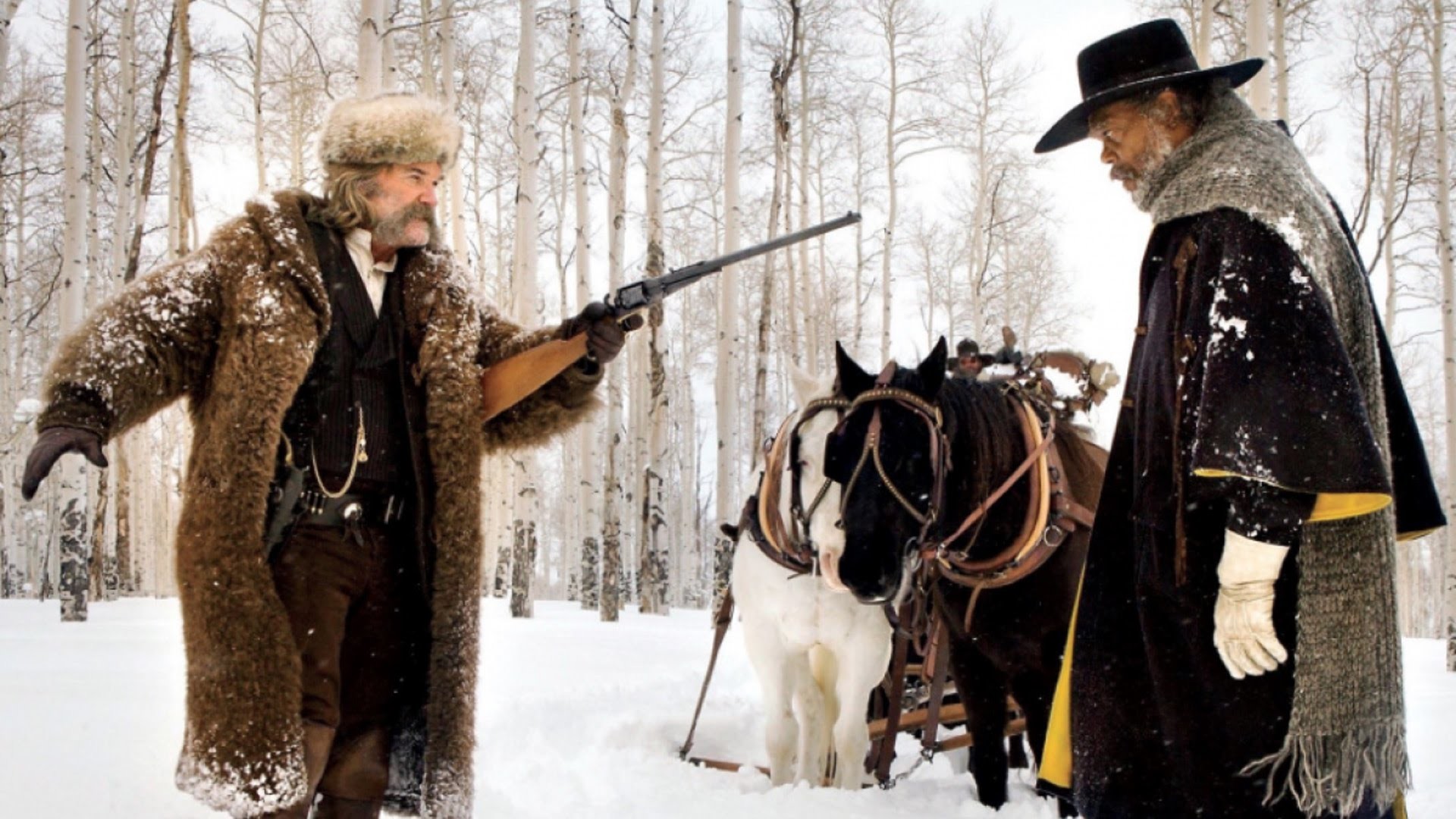 The Hateful Eight, Kurt Russell, Samuel L. Jackson, Fucile, Cavalli, Neve, sfondo desktop 1080p