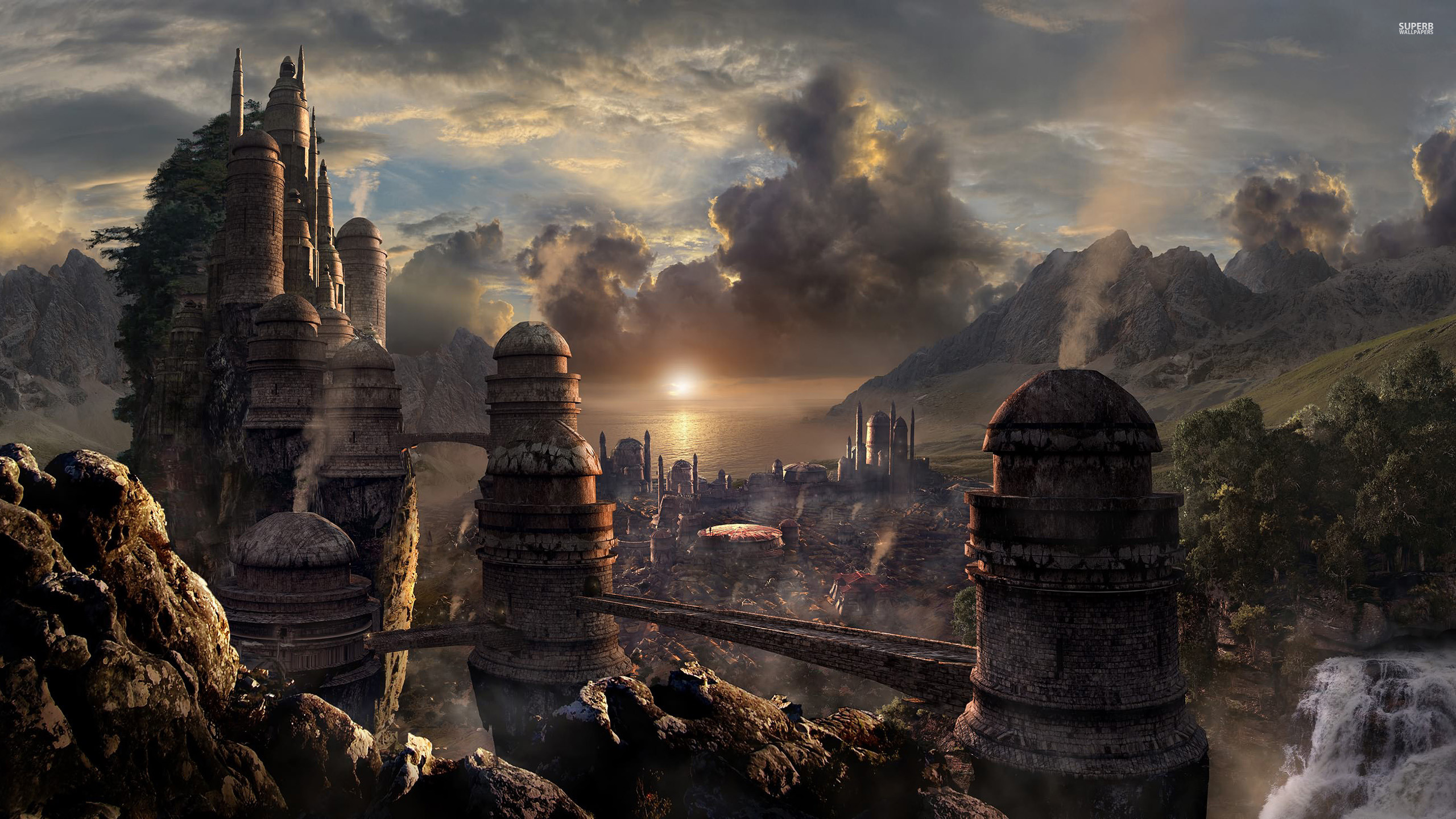The Elder Scrolls V: Skyrim, Città, Tramonto, 2K, sfondo per PC