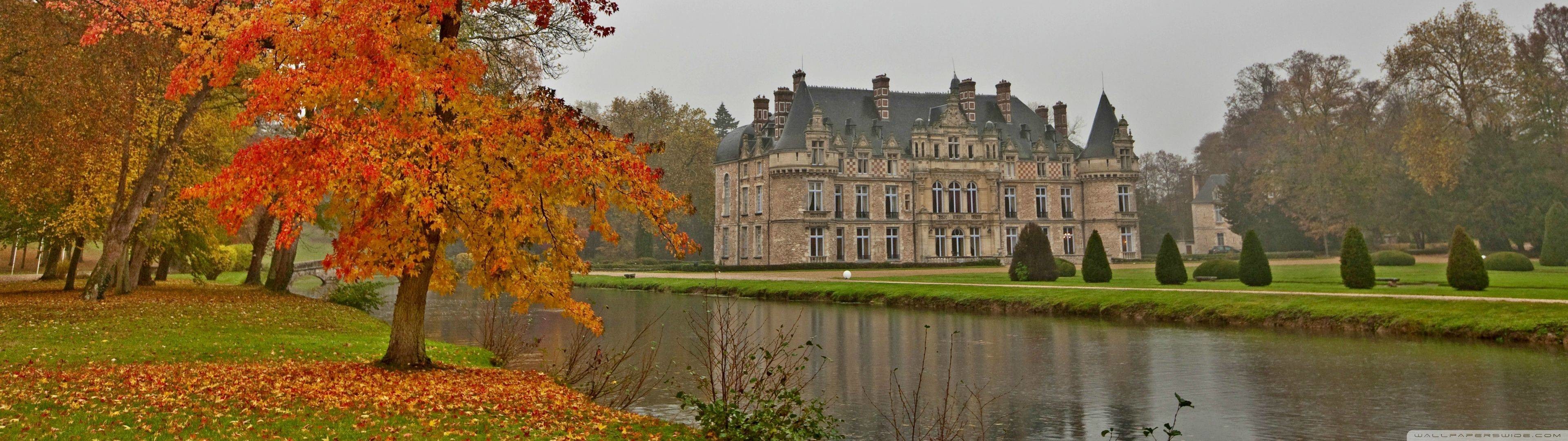 Castello, Francia, Autunno, Lago, Parco, 3840x1080, immagine di sfondo