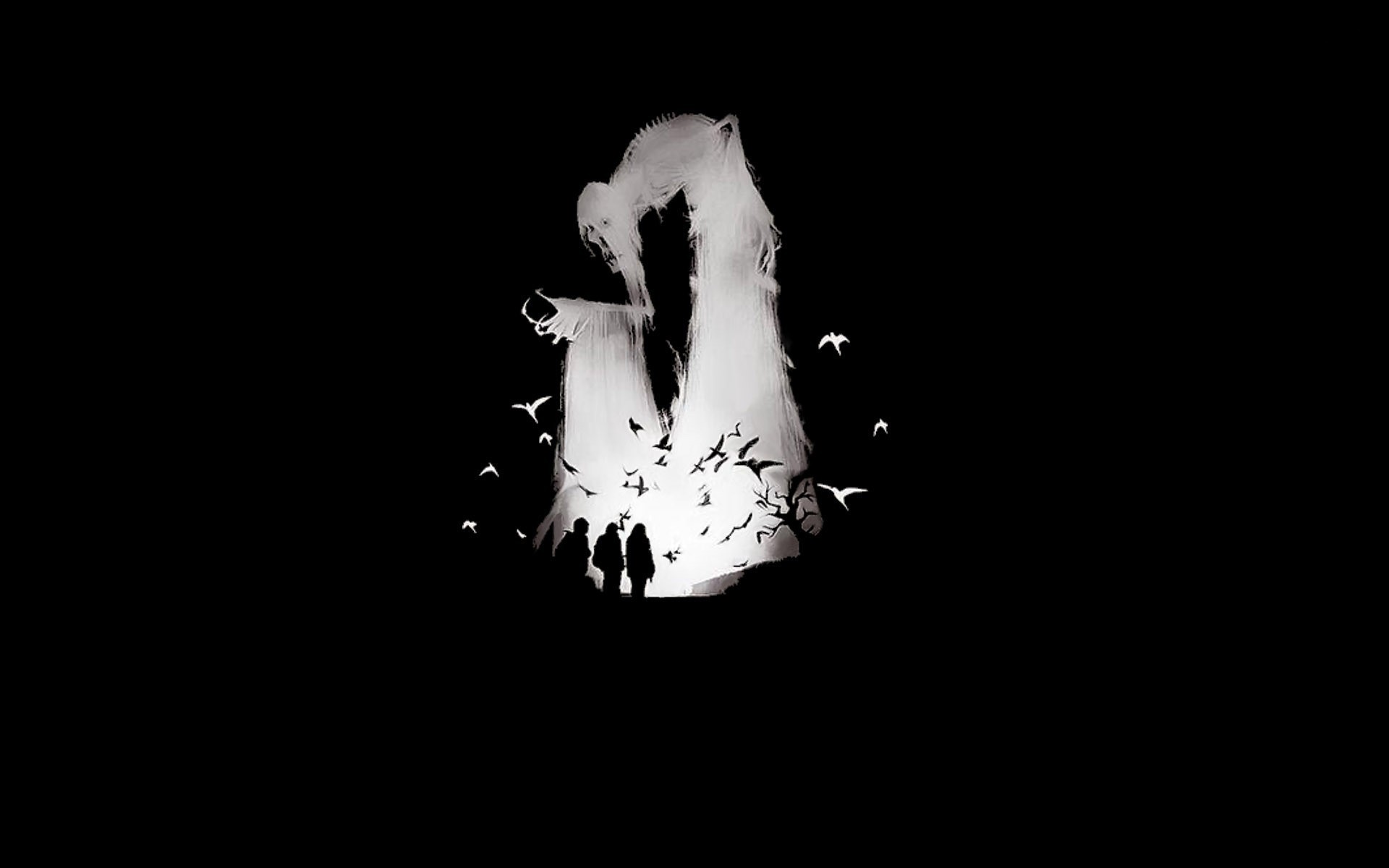 Silhouette, Uccelli, Sfondo nero, Arte surreale, 1920x1200, wallpaper desktop