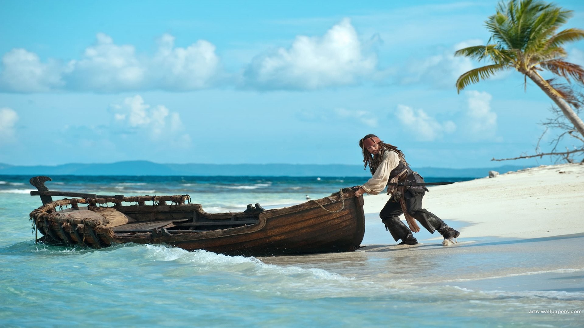 Jack Sparrow, Johnny Depp, Pirati dei Caraibi, Barca, Spiaggia, sfondo per desktop