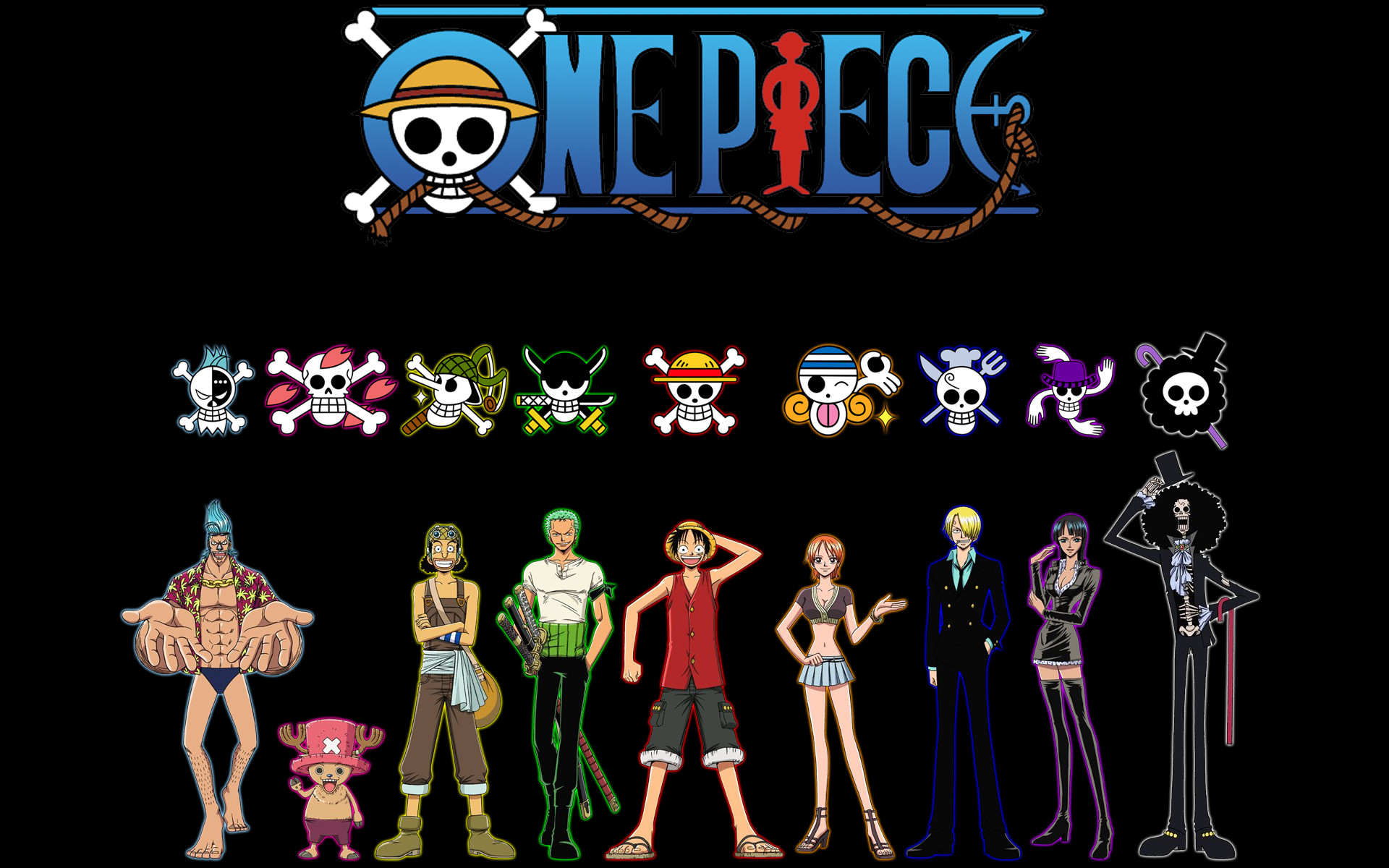 One Piece, Pirati di Cappello di Paglia, Roronoa Zoro, Monkey D. Luffy, Jolly Roger, Sfondo nero, wallpaper Full HD