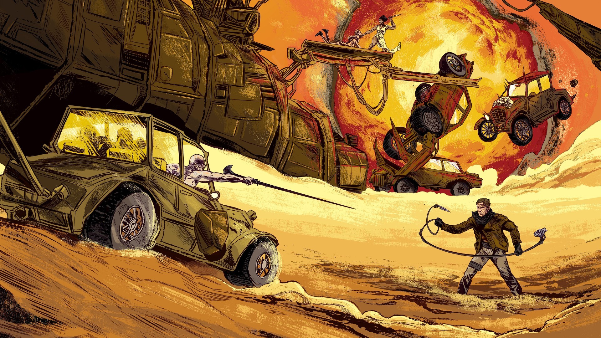 Mad Max: Fury Road, Illustrazione, Inseguimento, Esplosione, Full HD, sfondo per PC