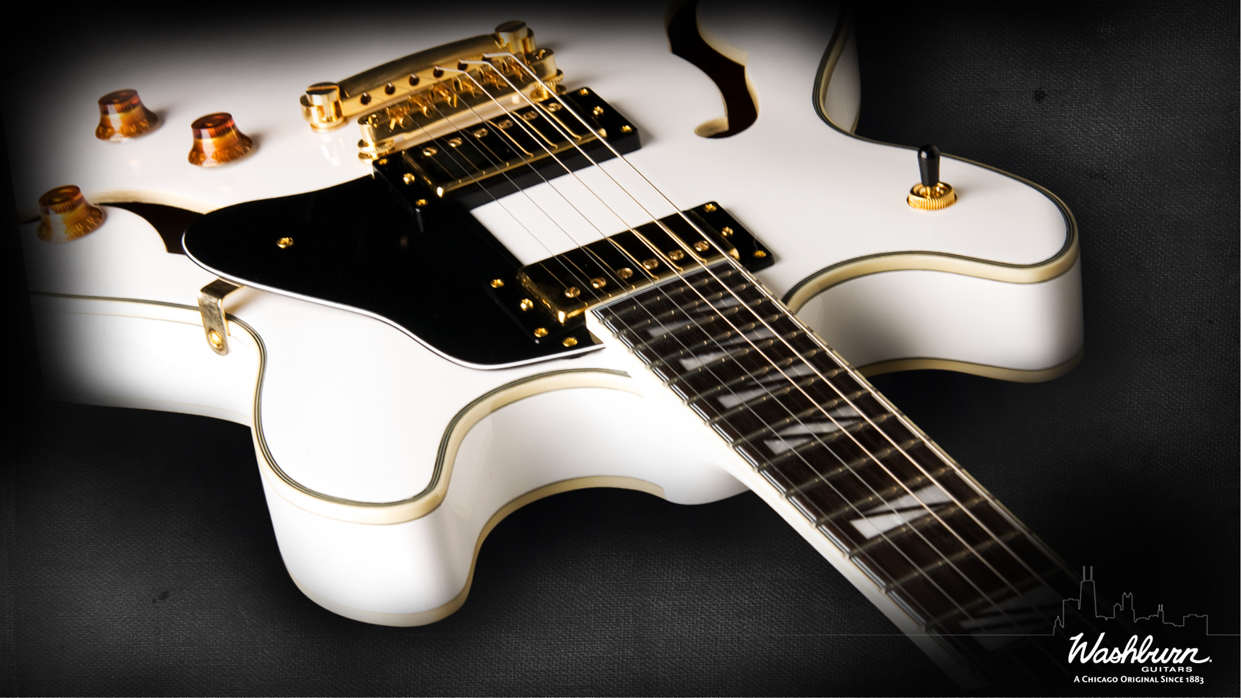 Washburn, Chitarra elettrica, Bianca, Ponte dorato, 16:9 2K, sfondo widescreen