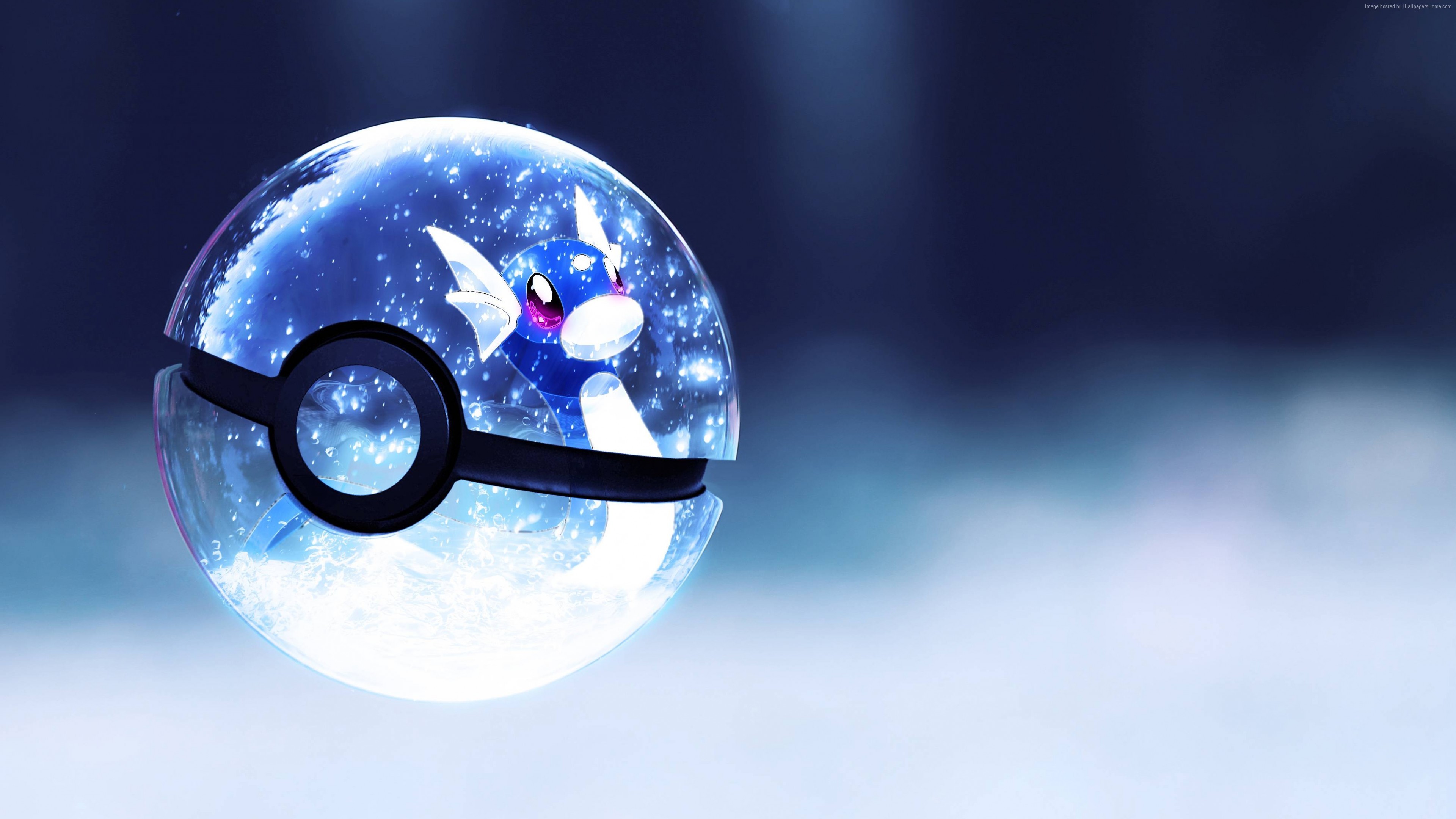 Poké Ball, Dratini, Pokémon, Sfera di vetro, Neve, 16:9 4K, sfondo widescreen