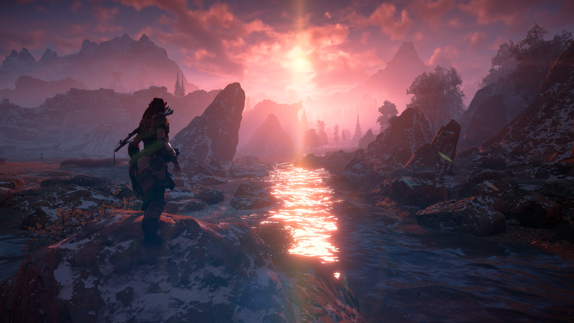 Aloy, Horizon Zero Dawn, Tramonto, Fiume, 16:9 Full HD, sfondo widescreen