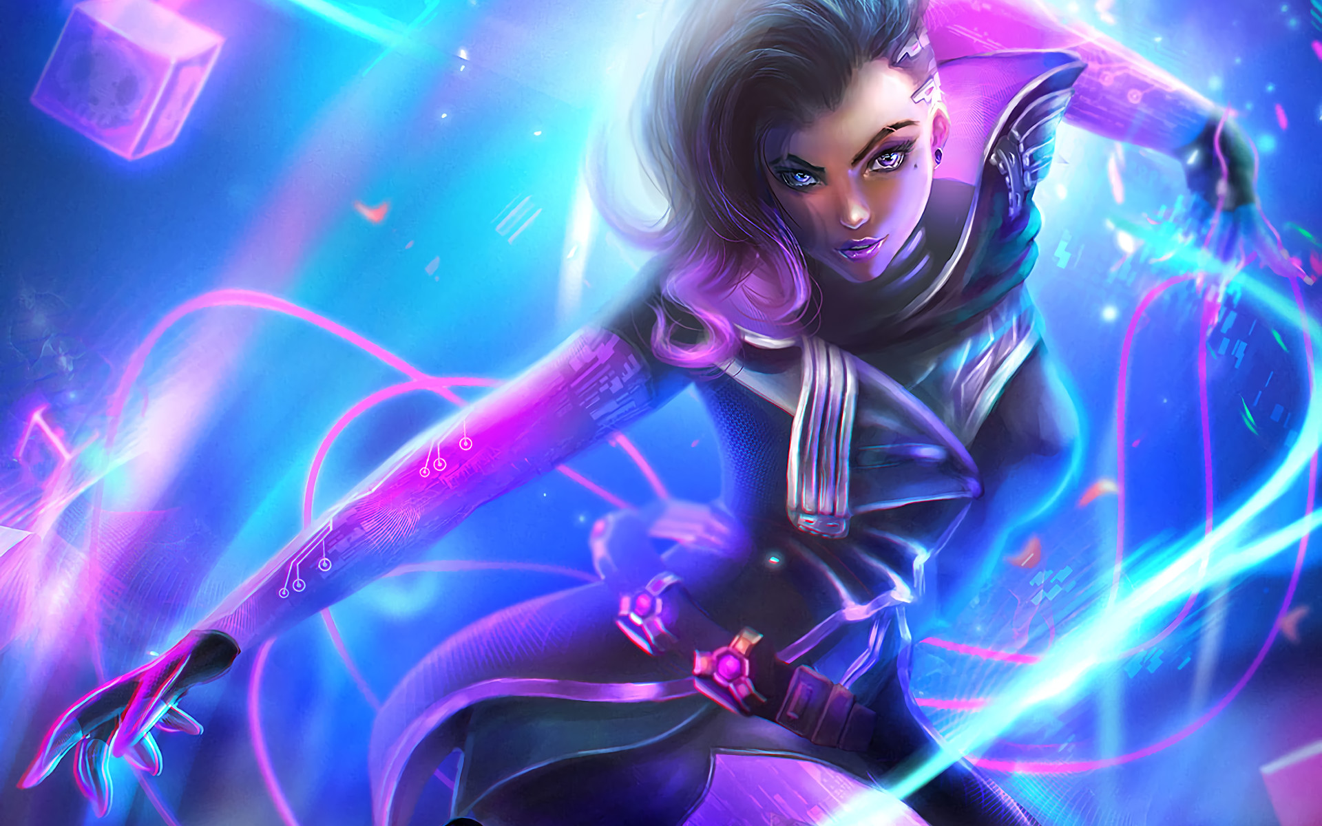 Overwatch, Sombra, Luci al neon, Viola e blu, 1920x1200, immagine di sfondo