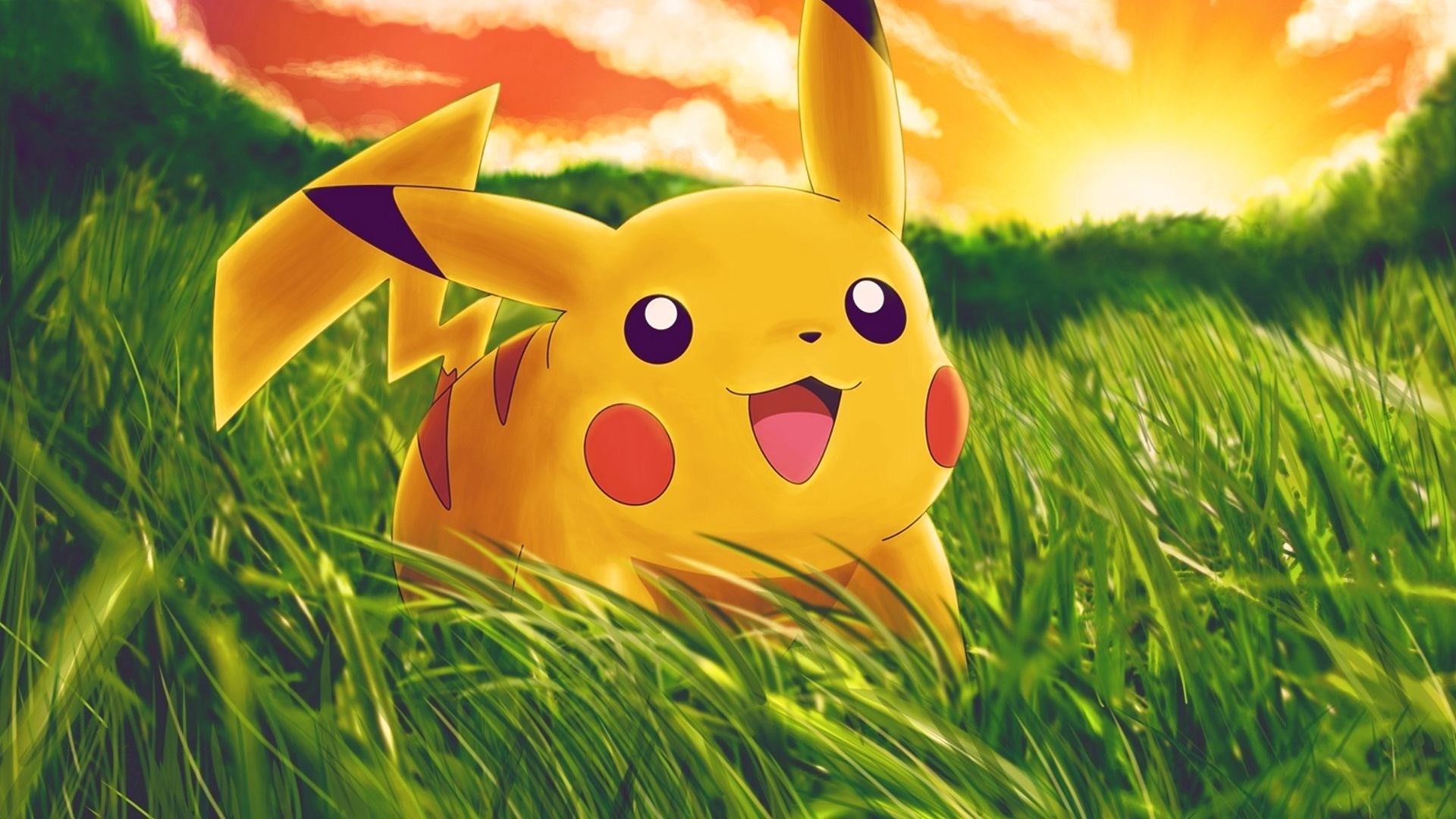 Pikachu, Pokémon, Erba, Tramonto, Full HD, sfondo desktop