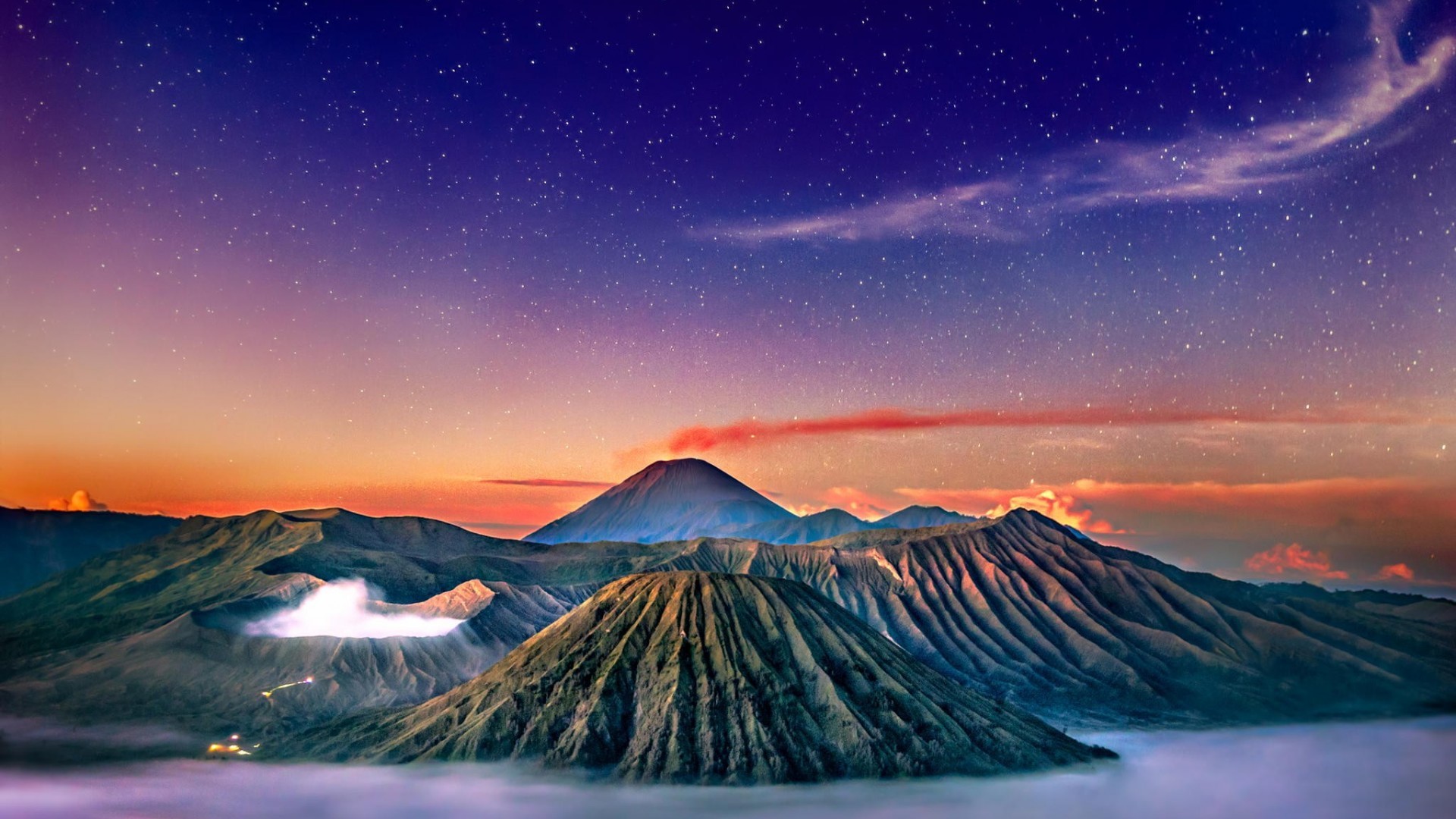 Monte Bromo, Monte Semeru, Giava, Indonesia, Vulcano, Alba, Full HD, immagine di sfondo Mac