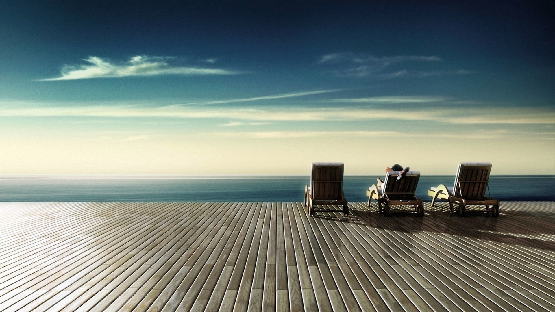 Terrazza, Sdraio, Mare, Orizzonte, Cielo, Full HD, sfondo desktop