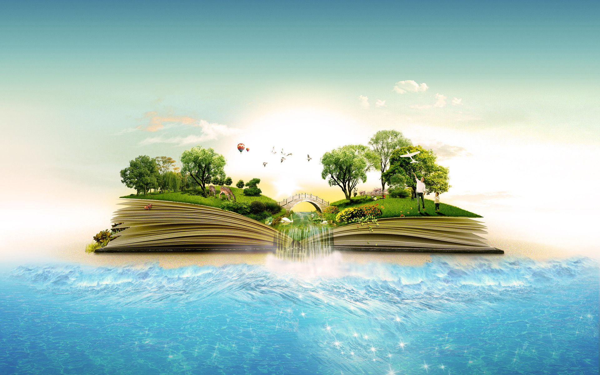 Libro aperto, Isola, Alberi, Mare, Surreale, 1920x1200, sfondo per PC