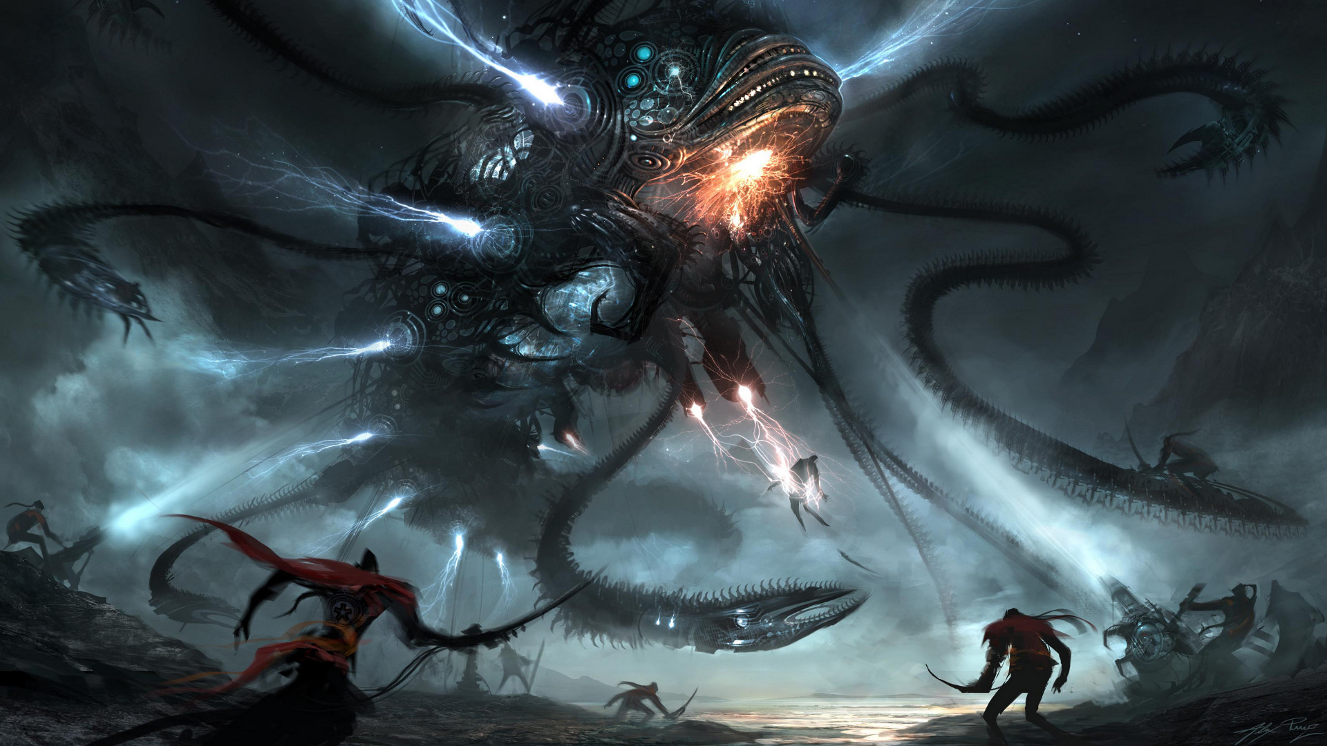 Mostro gigante, Tentacoli, Guerrieri, Arte fantasy, Battaglia, Full HD, sfondo desktop