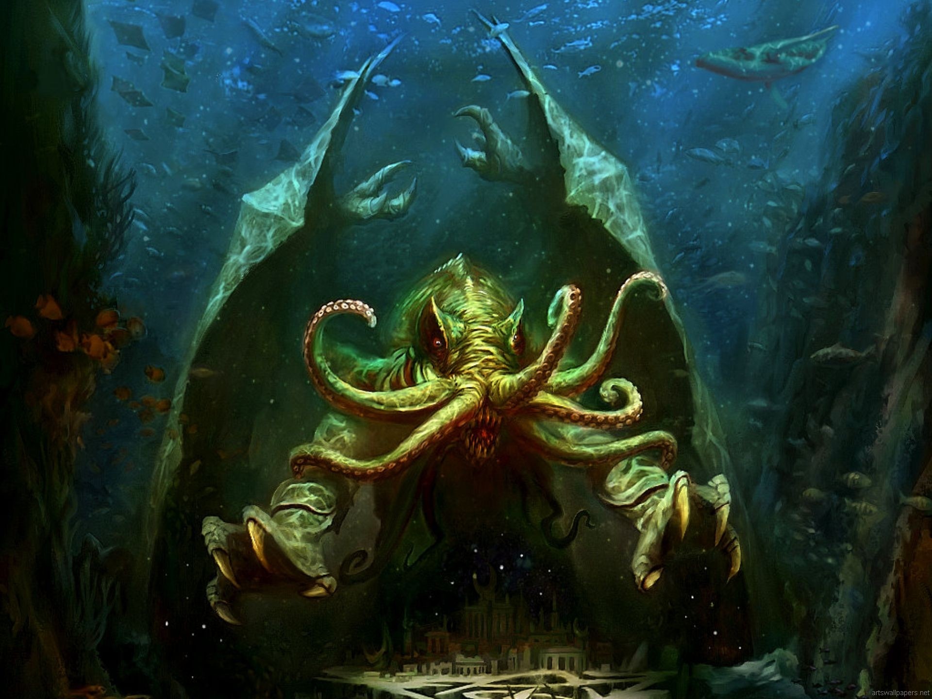 Cthulhu, R'lyeh, Tentacoli, Sott'acqua, sfondo per iPad e tablet