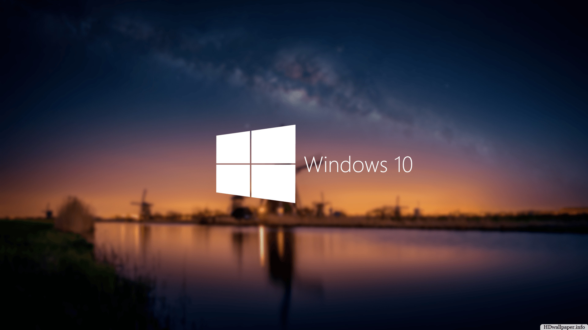 Windows 10, Logo Windows, Via Lattea, Tramonto, Mulini a vento, 16:9 Full HD, sfondo widescreen