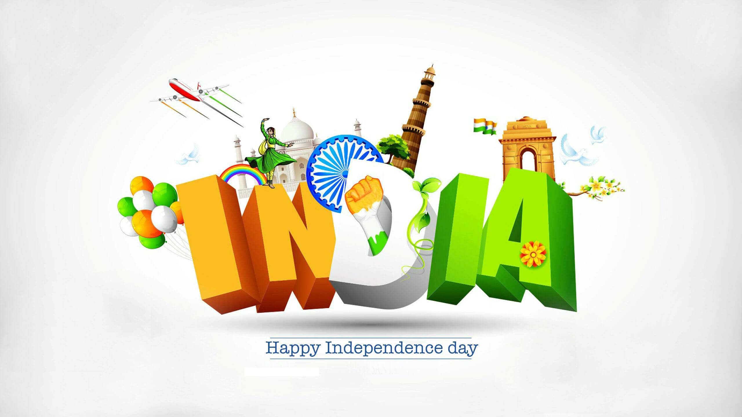 Festa dell'Indipendenza, India, Scritta 3D, Tricolore, 2K, sfondo desktop