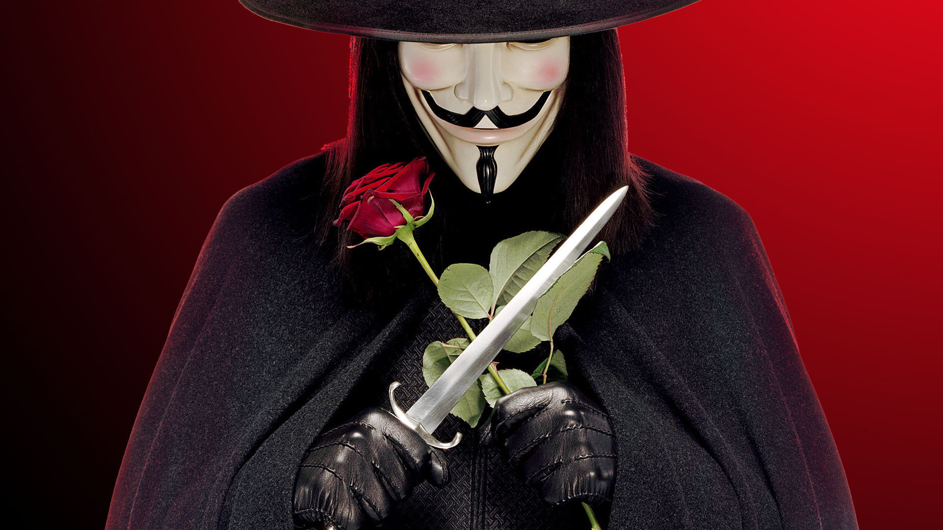 V per Vendetta, V, Maschera di Guy Fawkes, Rosa rossa, Pugnale, 16:9 Full HD, sfondo widescreen