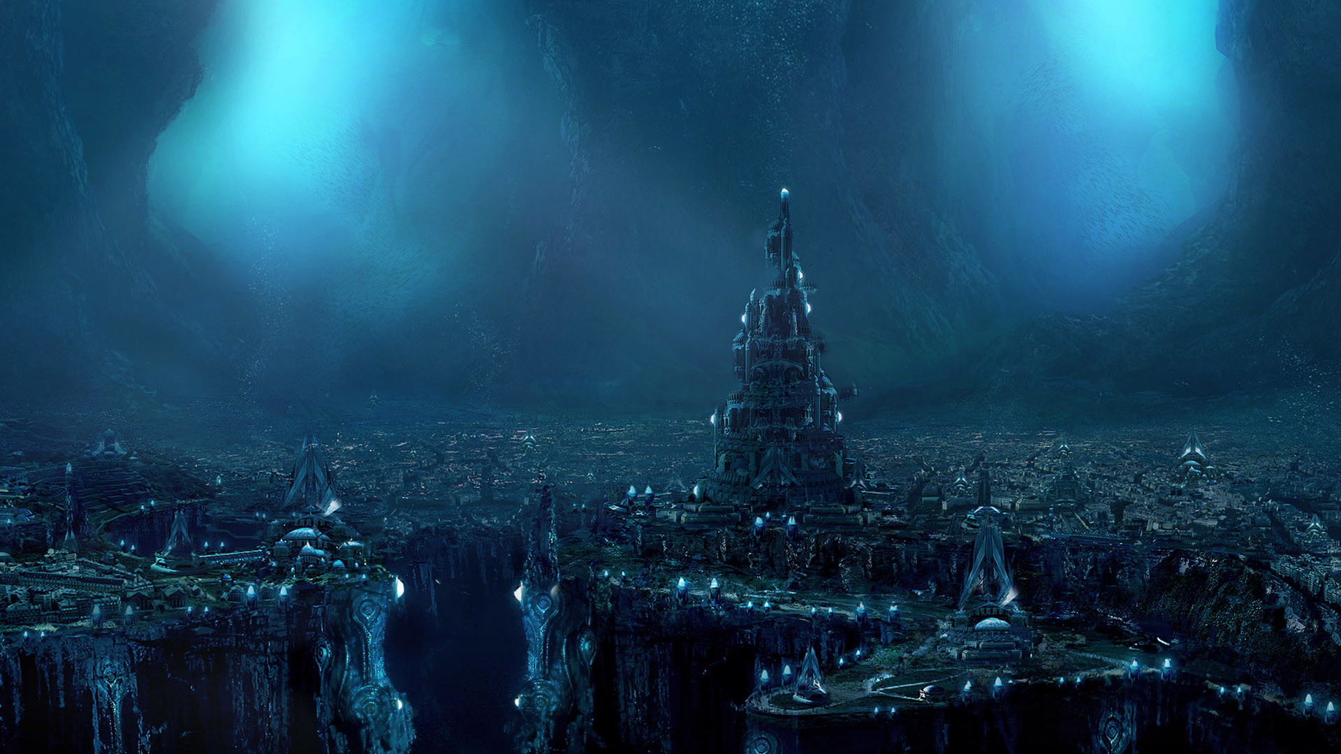 Città sottomarina, Atlantide, Luci, Blu, Fantasy, Abisso, Full HD, sfondo per PC