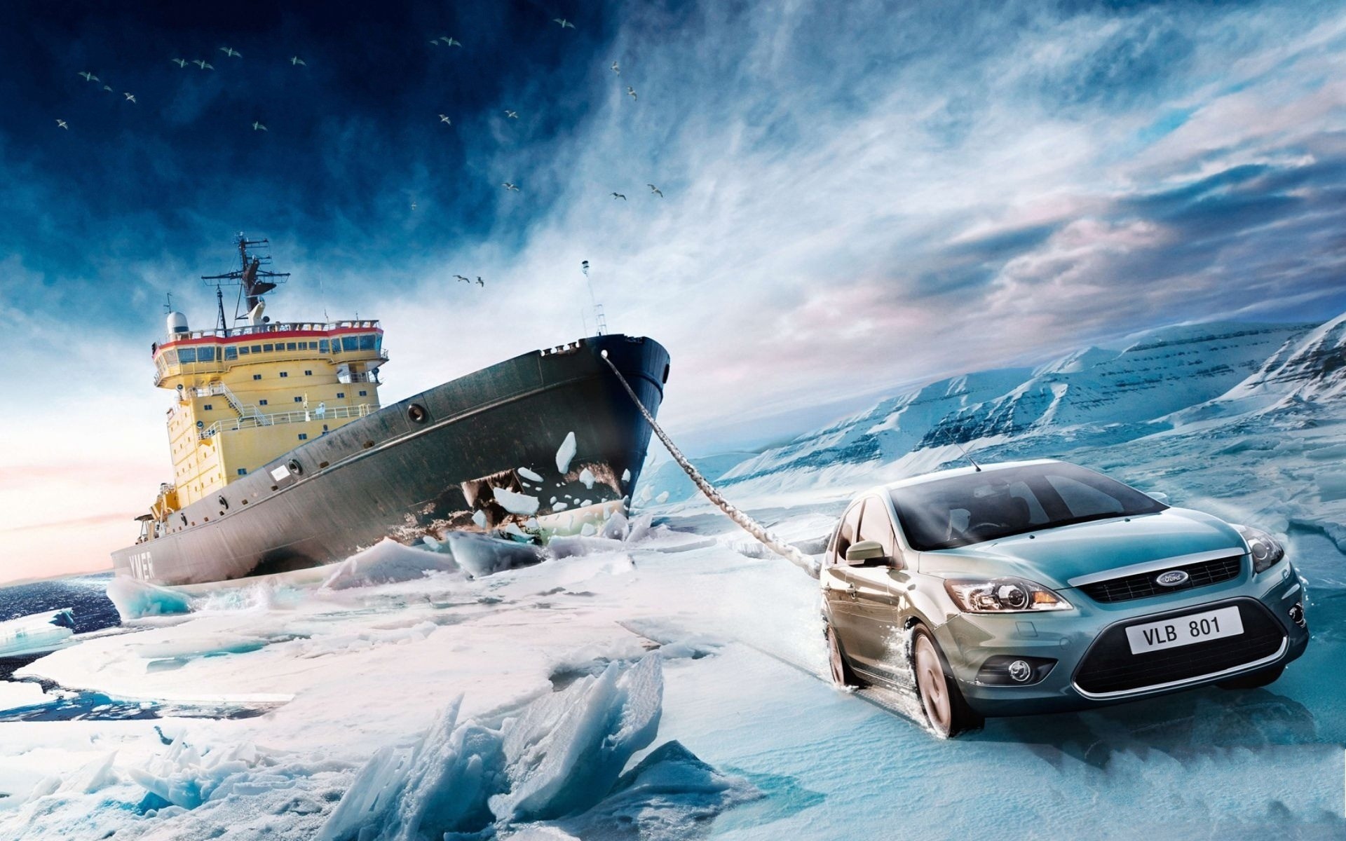 Ford Focus, Rompighiaccio, Ghiaccio, Mare artico, Fotomontaggio, wallpaper per desktop