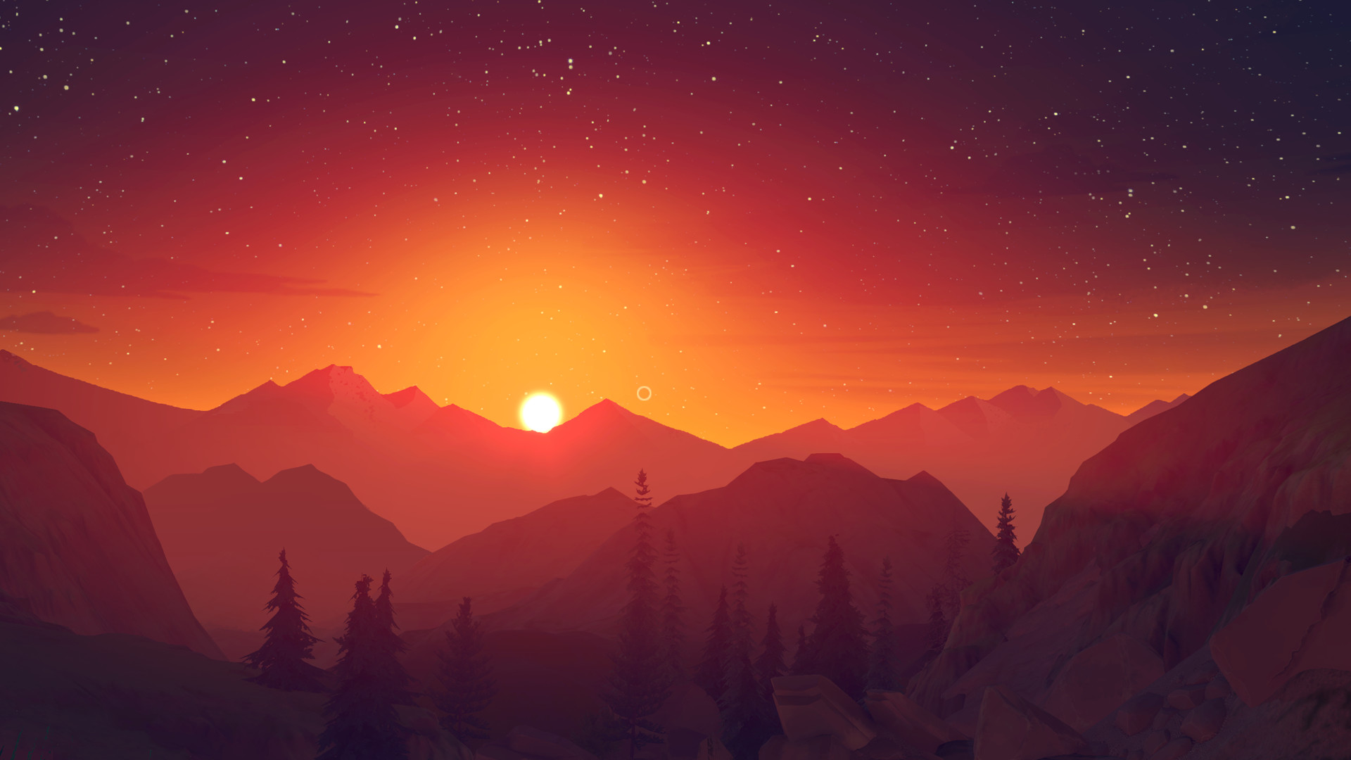 Firewatch, Tramonto, Cielo stellato, Valle, Rosso, 16:9 Full HD, sfondo widescreen