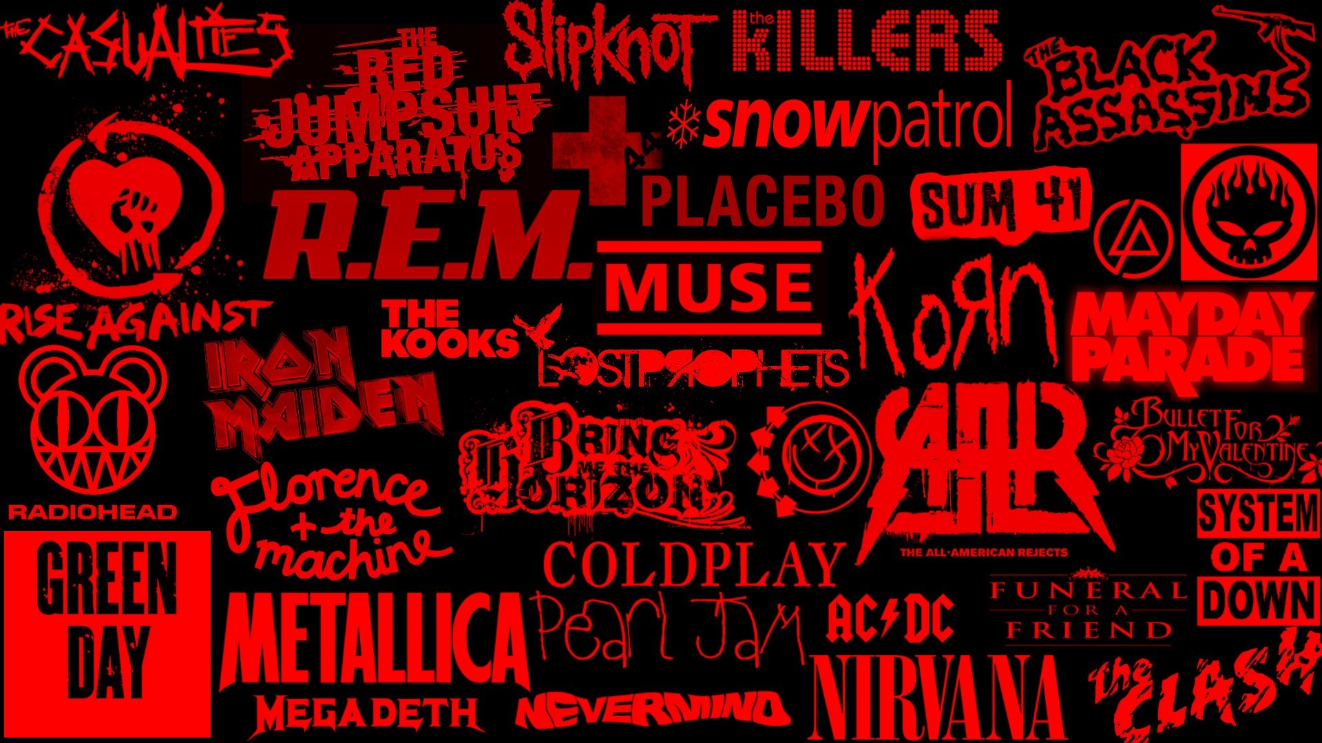Loghi di band, Metallica, Nirvana, Green Day, Coldplay, Korn, Rosso e nero, sfondo desktop Full HD