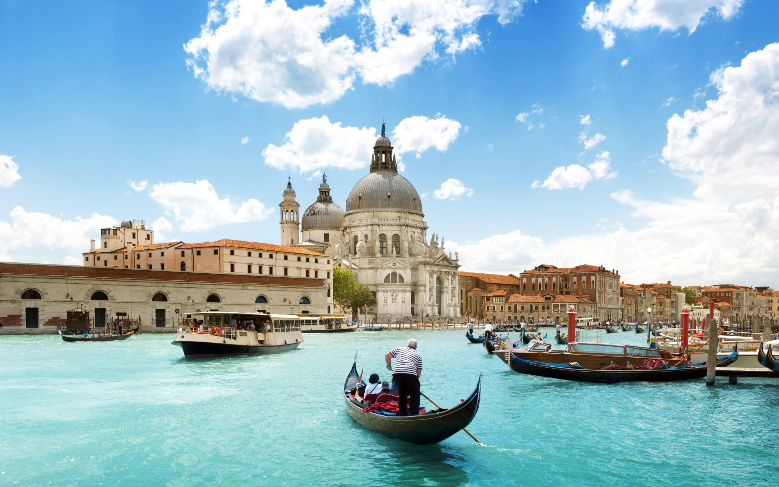 Santa Maria della Salute, Gondoliere, Canal Grande, Venezia, Cielo azzurro, sfondo 2560x1600 per PC