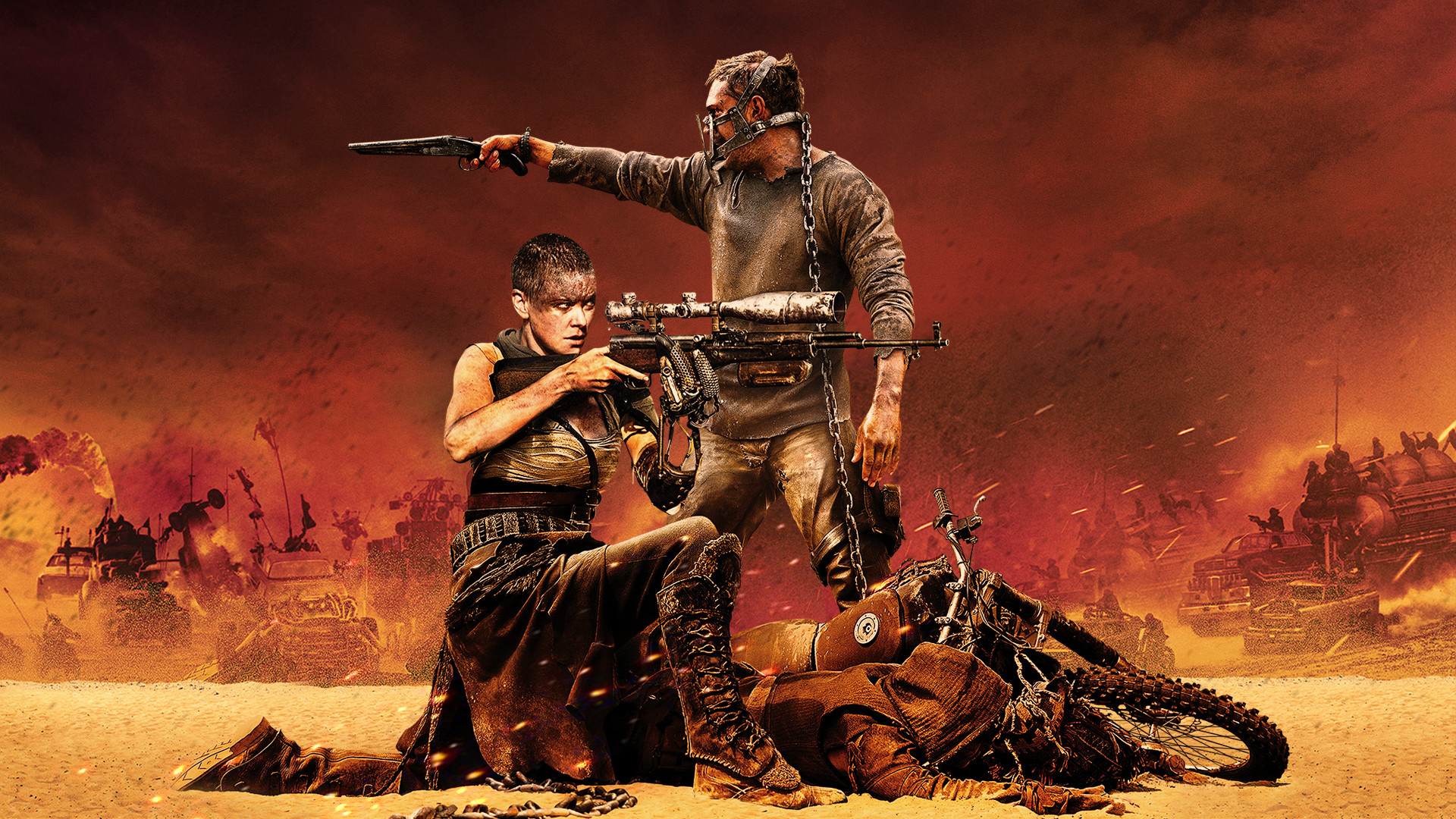 Mad Max: Fury Road, Tom Hardy, Charlize Theron, Furiosa, Max Rockatansky, Toni rossi, sfondo Full HD