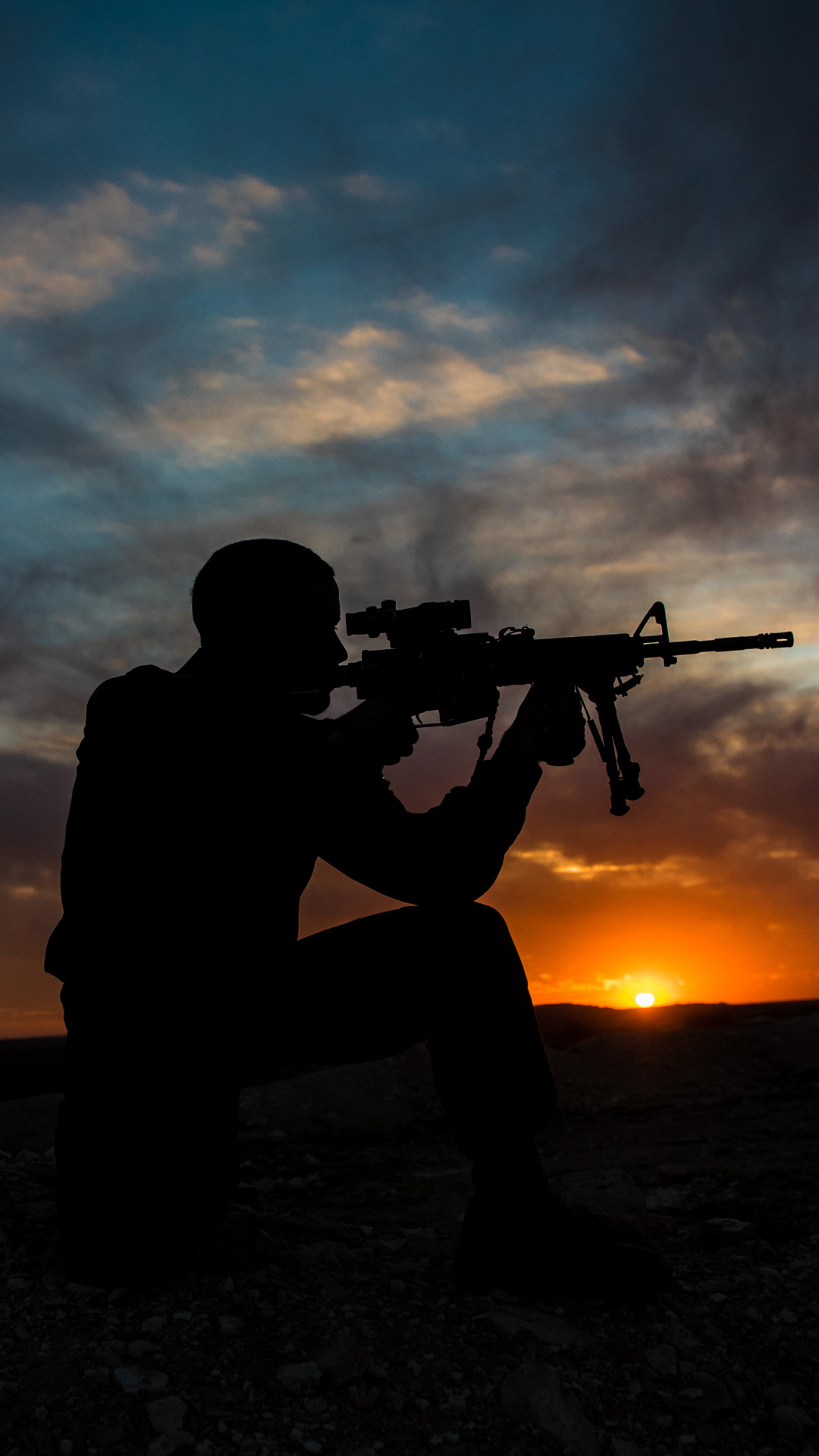 Soldato, Silhouette, Tramonto, Fucile, Full HD, sfondo per smartphone