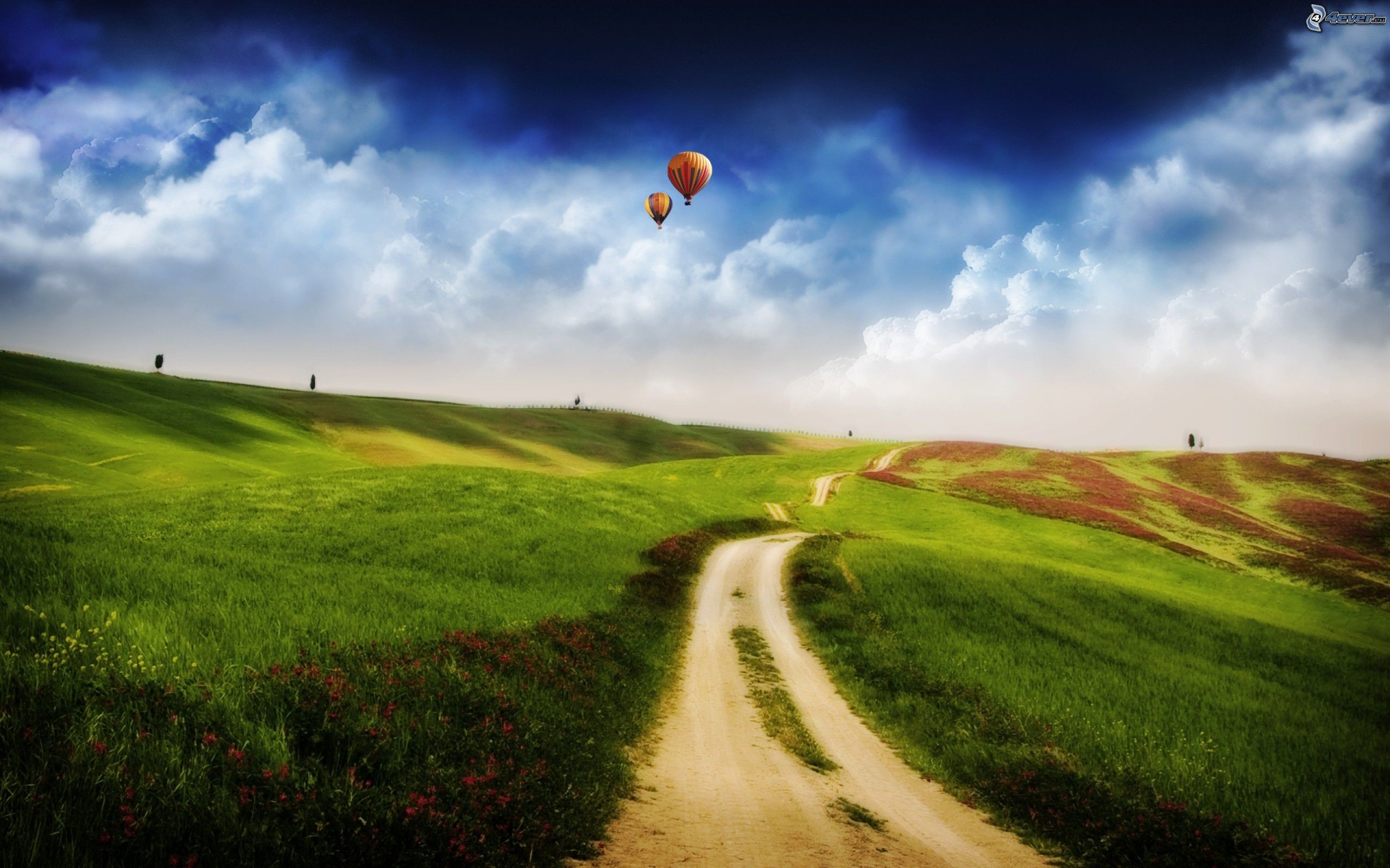 Mongolfiera, Colline, Sentiero, Prato, Nuvole, 2K, sfondo desktop