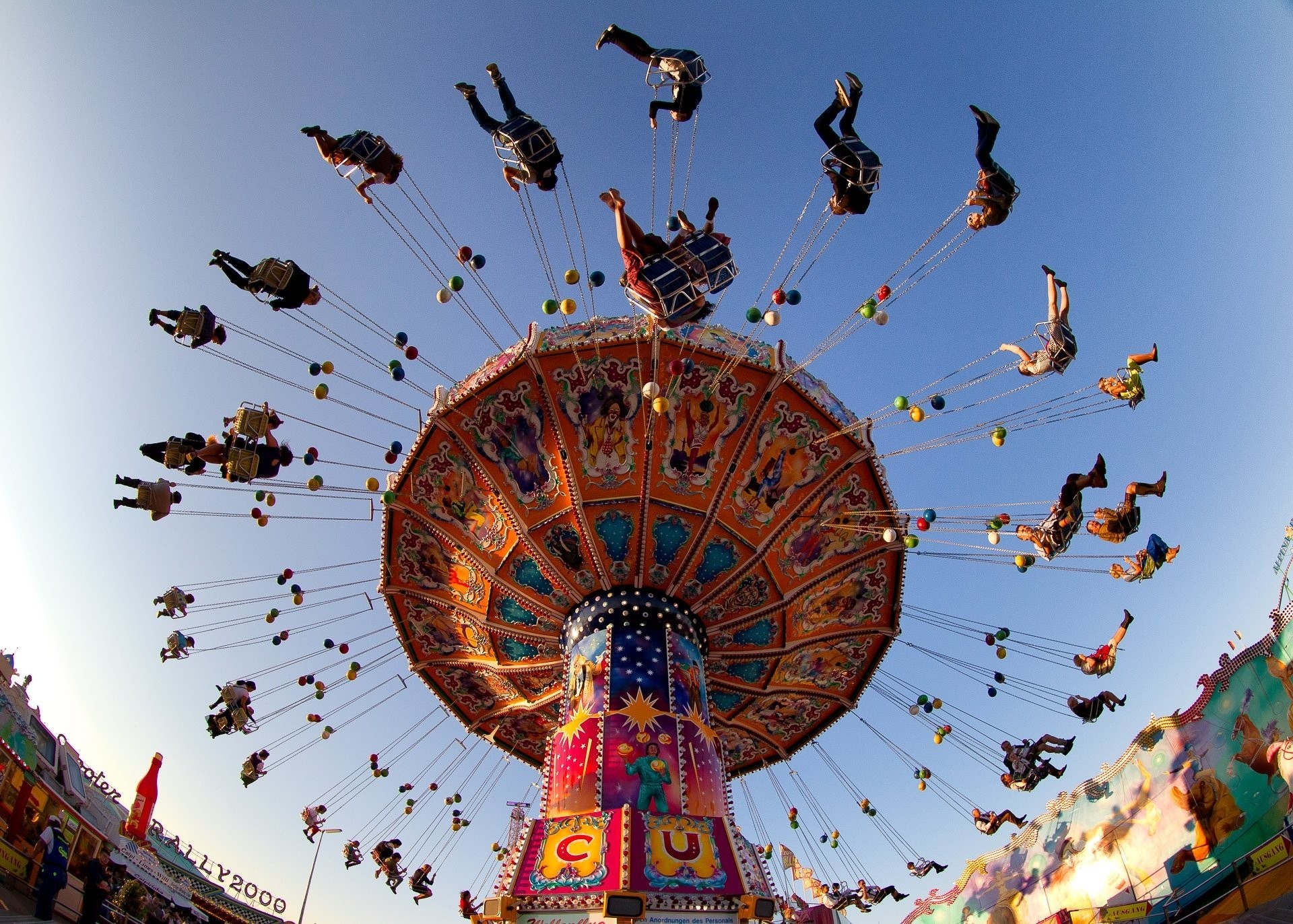 Giostra a catene, Luna park, Fisheye, Cielo, Full HD, sfondo desktop