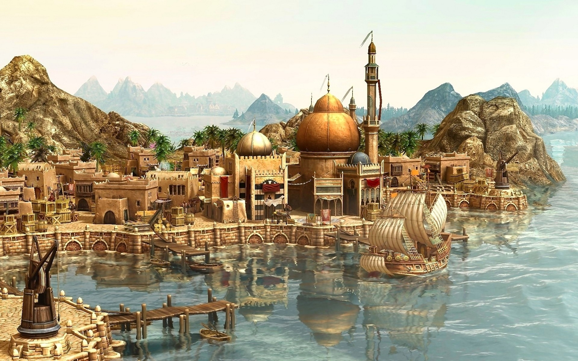 Anno 1404, Città orientale, Cupola, Porto, Videogioco, 1920x1200, immagine di sfondo