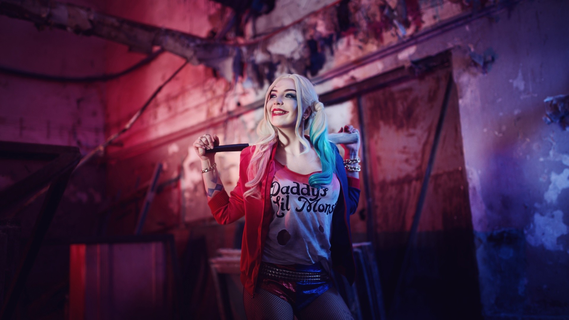Harley Quinn, Margot Robbie, Suicide Squad, Mazza da baseball, Viola, sfondo Full HD per portatile