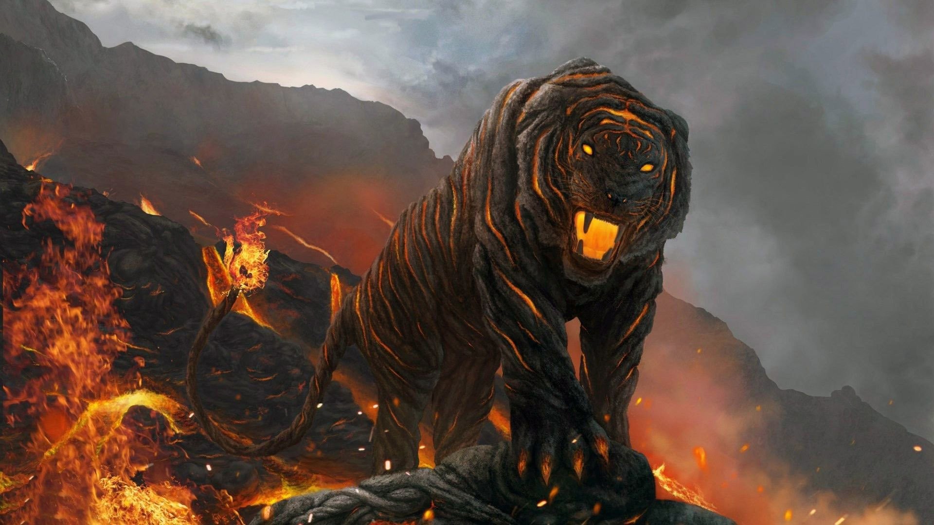 Tigre di lava, Fuoco, Vulcano, Arte fantasy, 1920x1080, sfondo per PC
