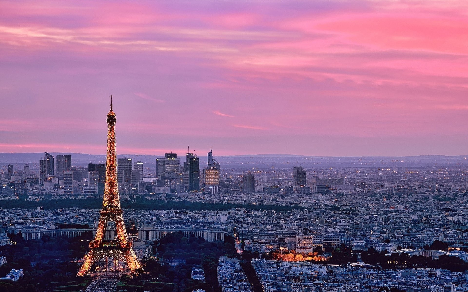 Torre Eiffel, La Défense, Parigi, Cielo rosa, Full HD, wallpaper per portatile