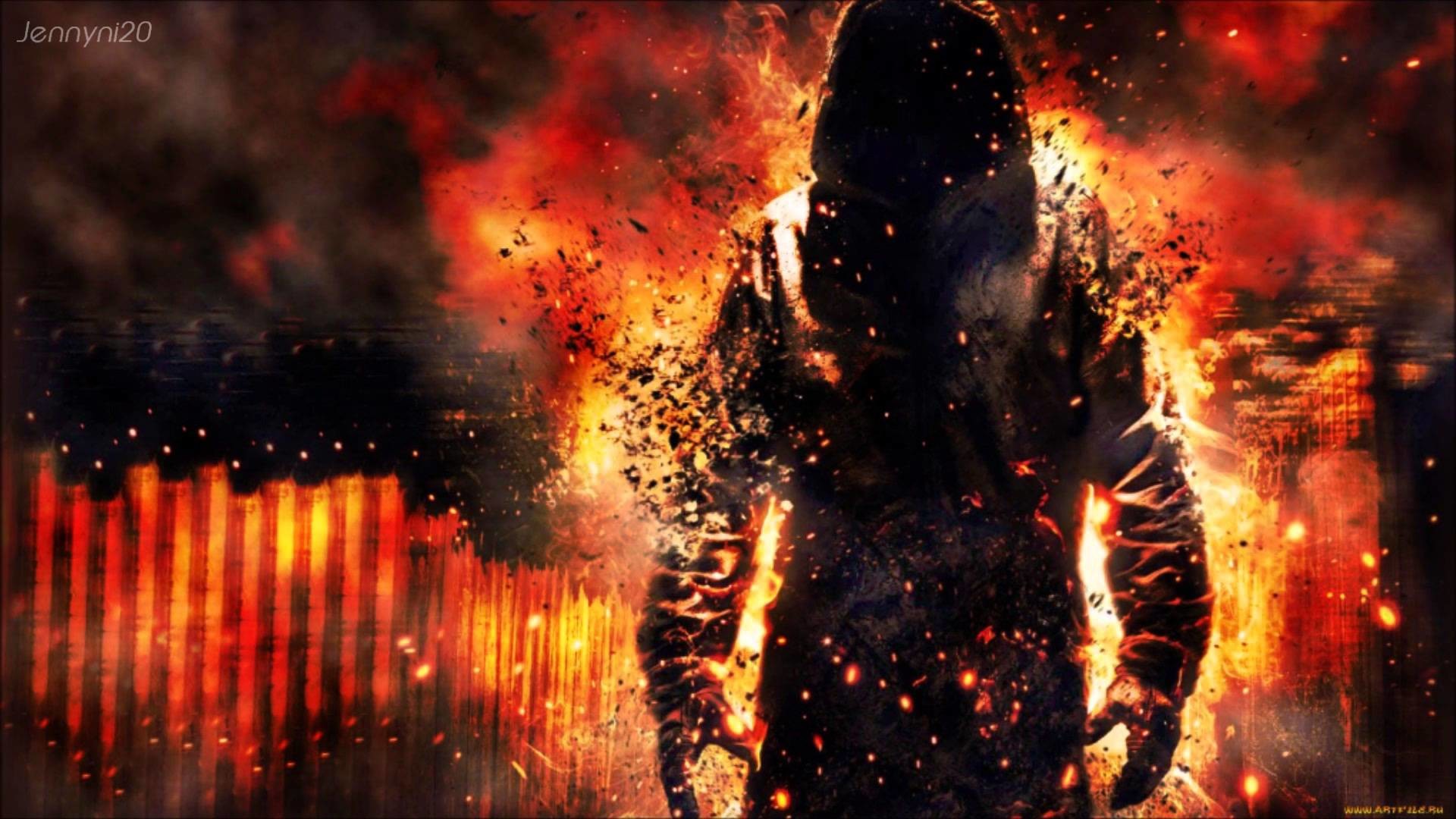 Figura incappucciata, Esplosione, Fuoco, Arte digitale, Full HD 1080p, sfondo desktop