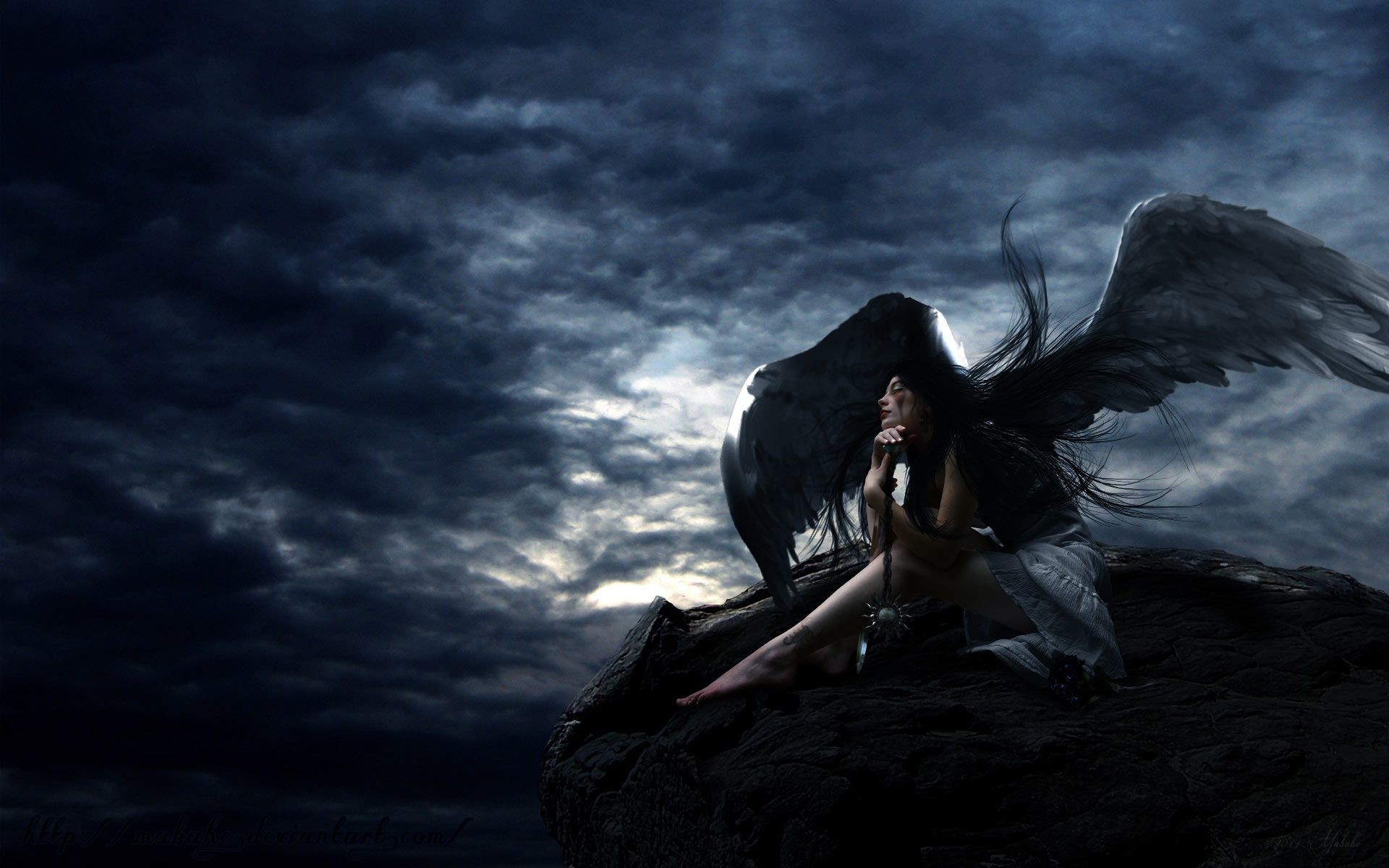 Angelo nero, Ali, Cielo tempestoso, Notte, Full HD, sfondo Windows 11