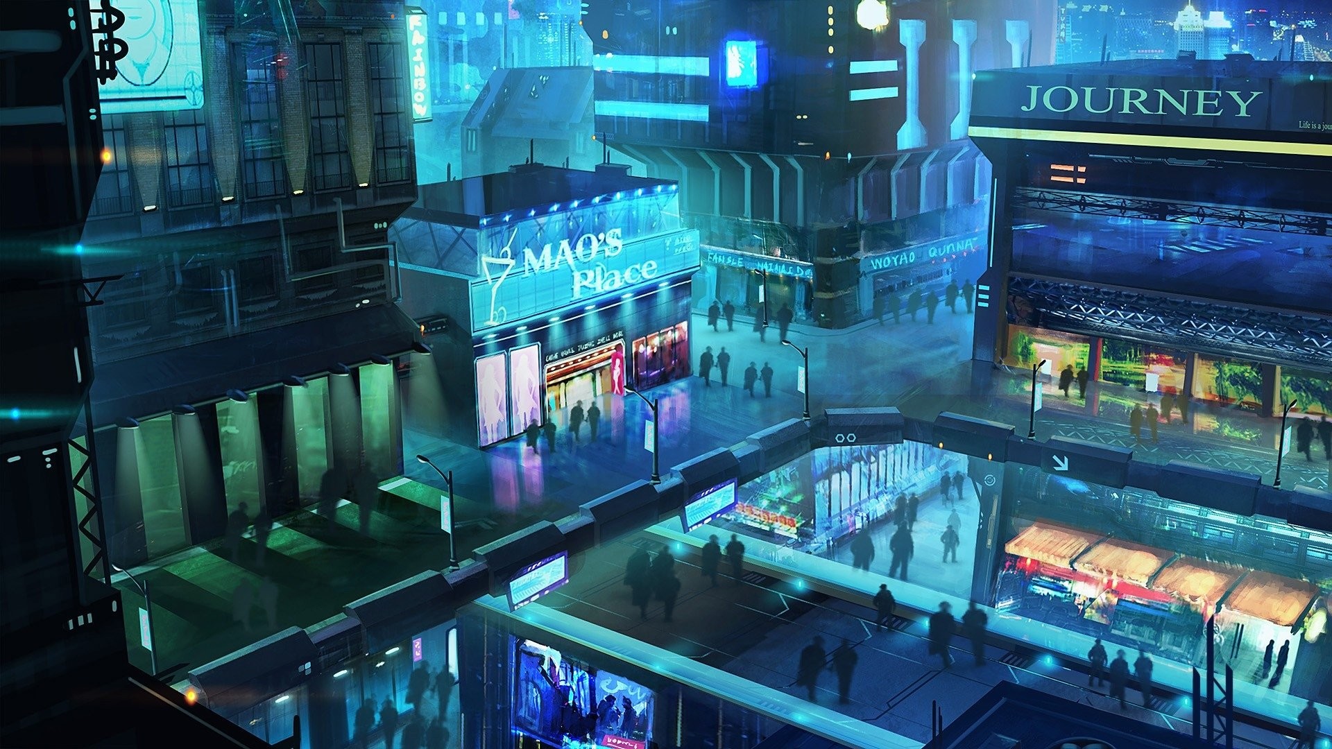 Città cyberpunk, Insegne al neon, Folla, Ciano, 16:9 Full HD, sfondo widescreen