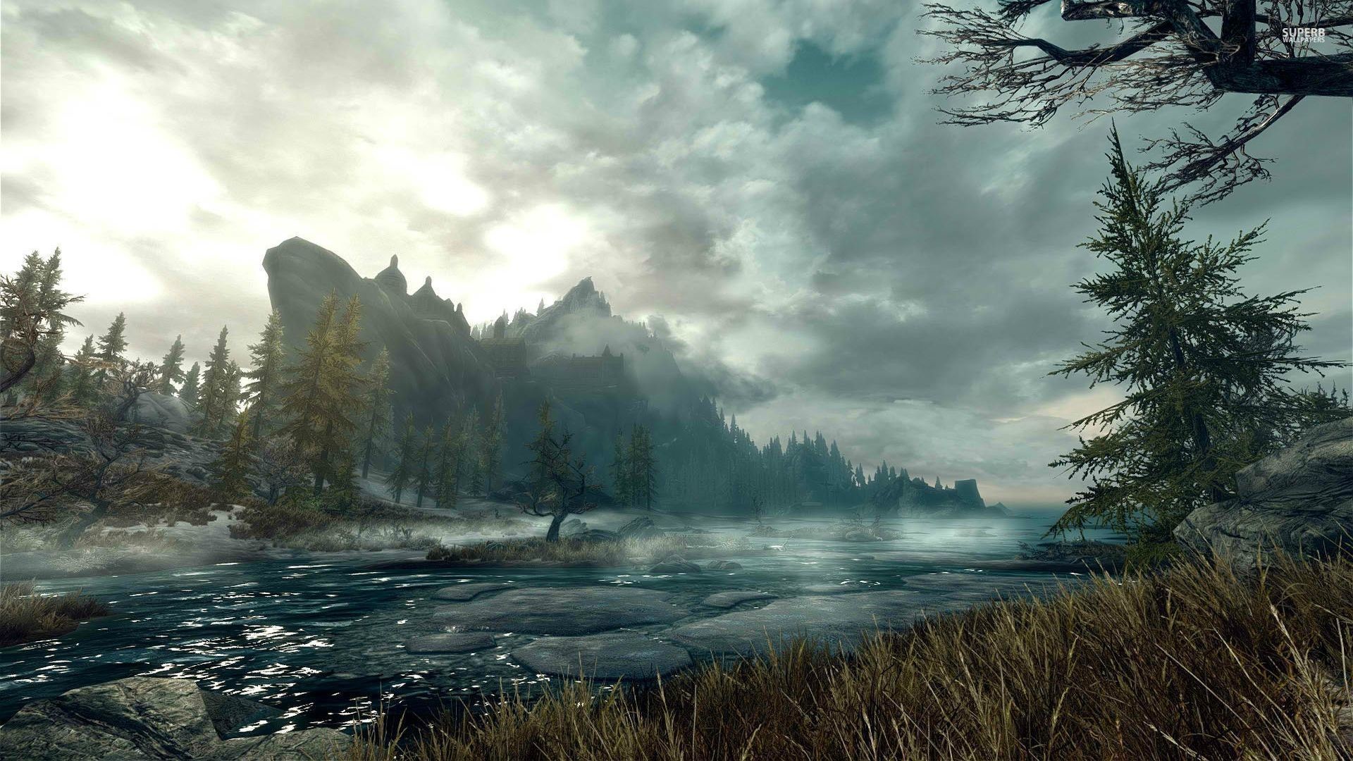 The Elder Scrolls V: Skyrim, Fiume, Montagne, Paesaggio, 16:9 Full HD, sfondo widescreen