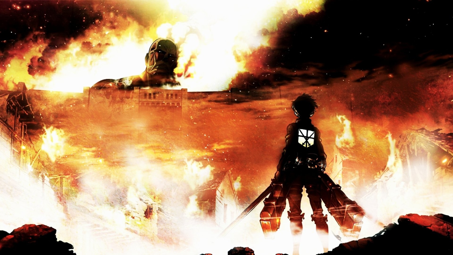 Eren Jaeger, L'attacco dei giganti, Gigante colossale, Incendio, Silhouette, immagine di sfondo