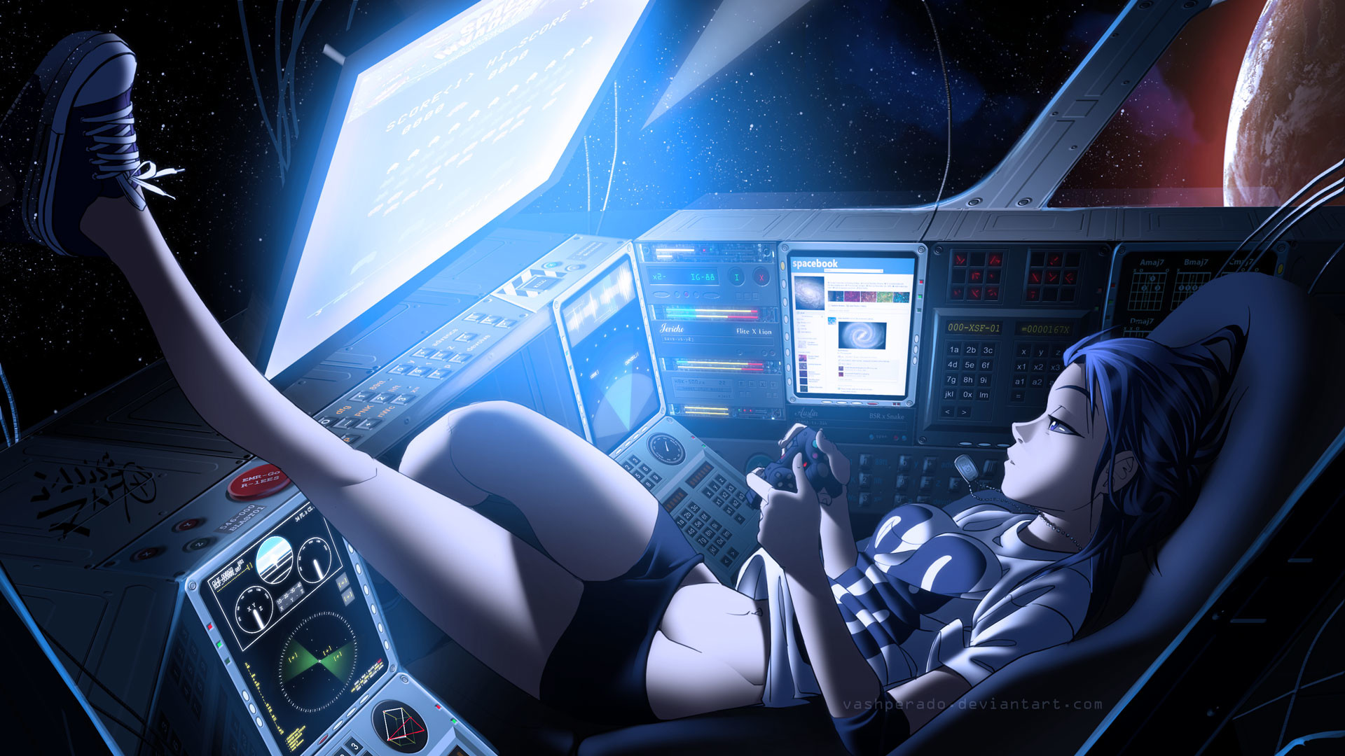 Ragazza anime, Cabina di pilotaggio, Schermi, Fantascienza, Full HD 1080p, sfondo desktop