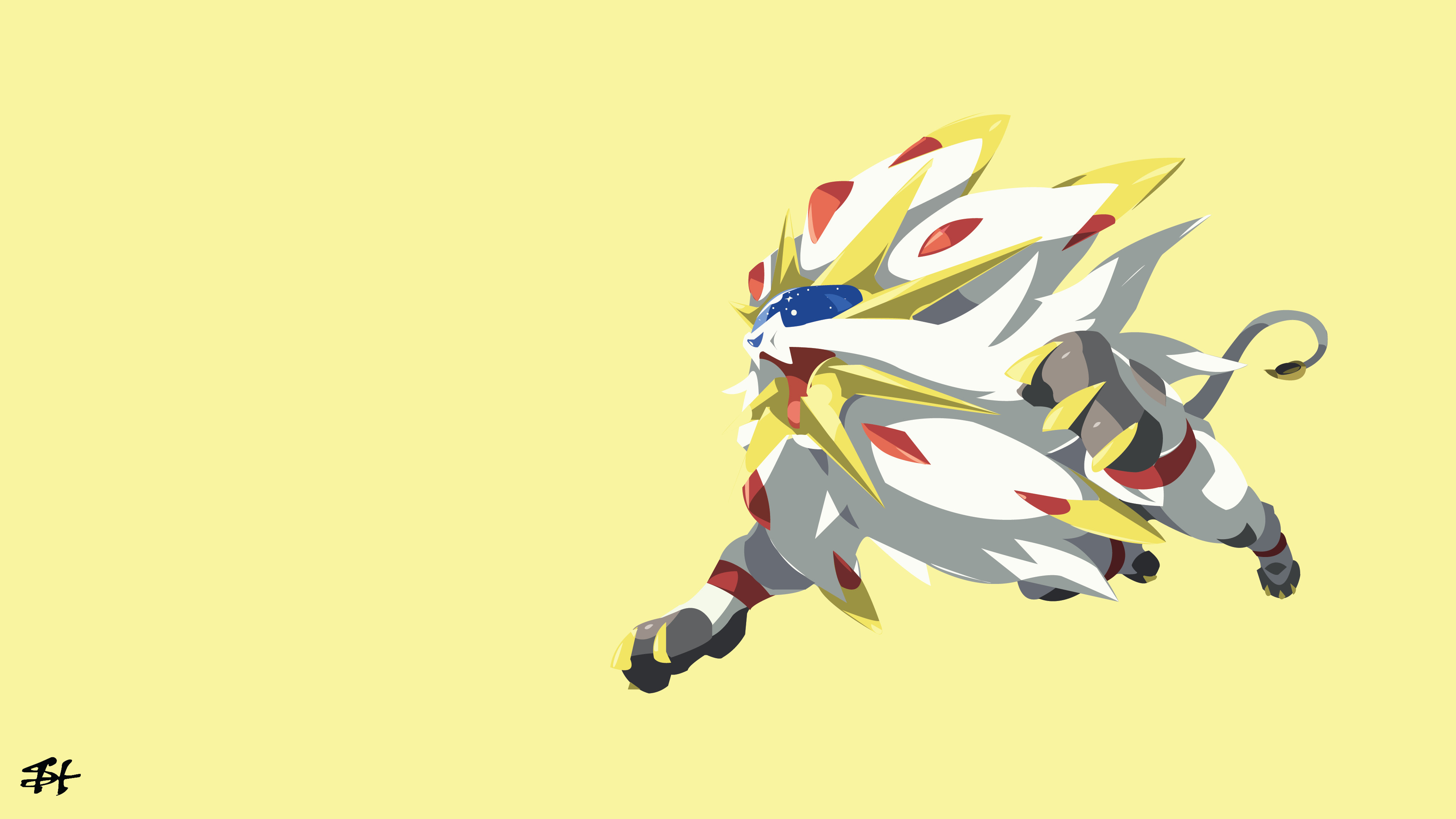 Solgaleo, Pokémon, Sfondo giallo, Minimalismo, 4K, wallpaper per computer