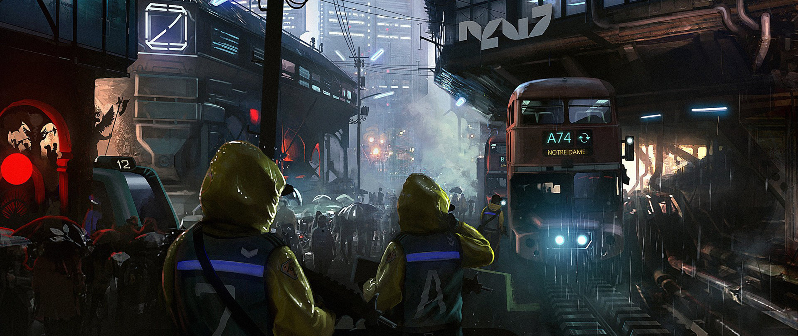 Strada cyberpunk, Autobus, Folla, Impermeabili gialli, 2560x1080, immagine di sfondo