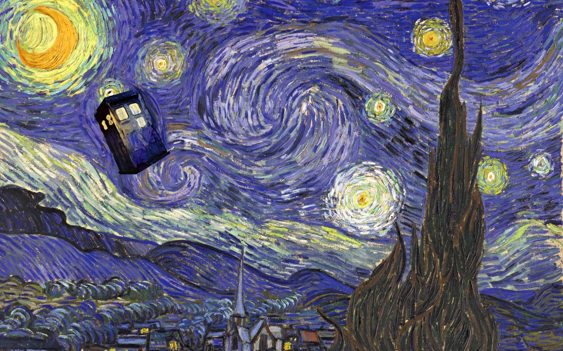 TARDIS, Notte stellata, Van Gogh, Doctor Who, Parodia, 1920x1200, immagine di sfondo